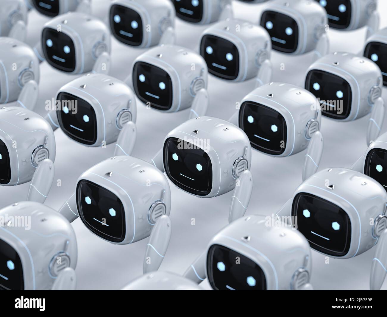 3D Rendering Gruppe von niedlichen Assistenten künstliche Intelligenz Roboter kein Bein mit Zeichentrickfigur Stockfoto