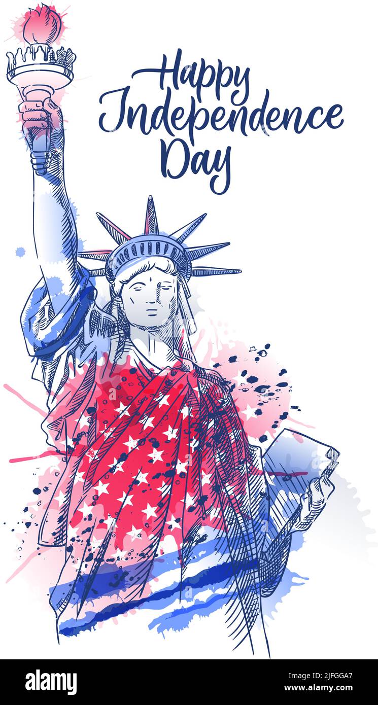 USA Independence Day Urlaubsposter oder -Druck mit handgezeichneten Kalligrafie-Schriftzügen. Freiheitsstatue auf amerikanischer Aquarellfahne backgorund. Vektor s Stock Vektor