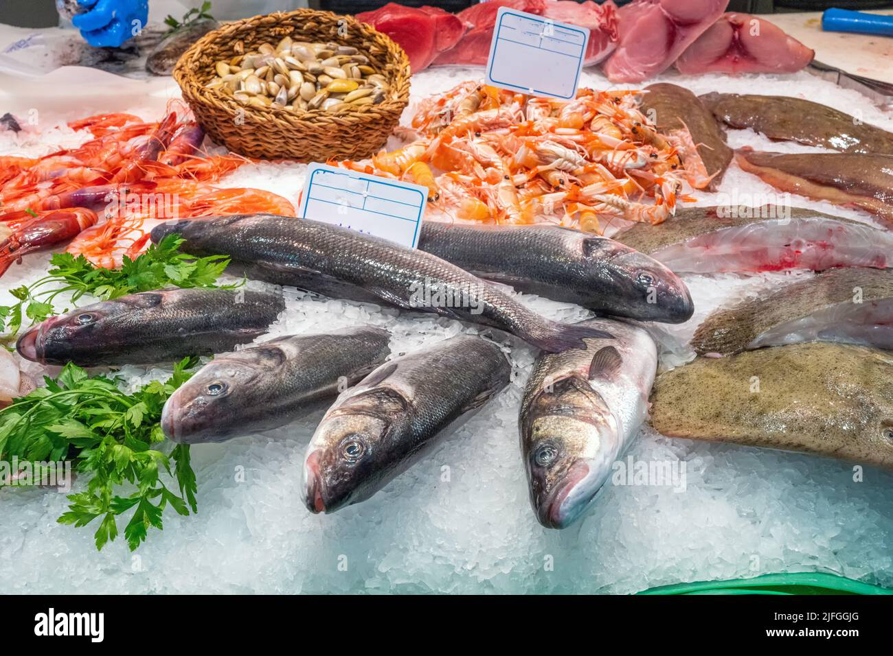 Fisch und Meeresfrüchte auf Eis auf einem Markt in Barcelona, Spanien Stockfoto