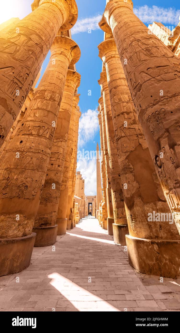 Säulen der Hypostyle-Halle, Säulen-Ornament, Karnak-Tempel, Luxor, Ägypten Stockfoto