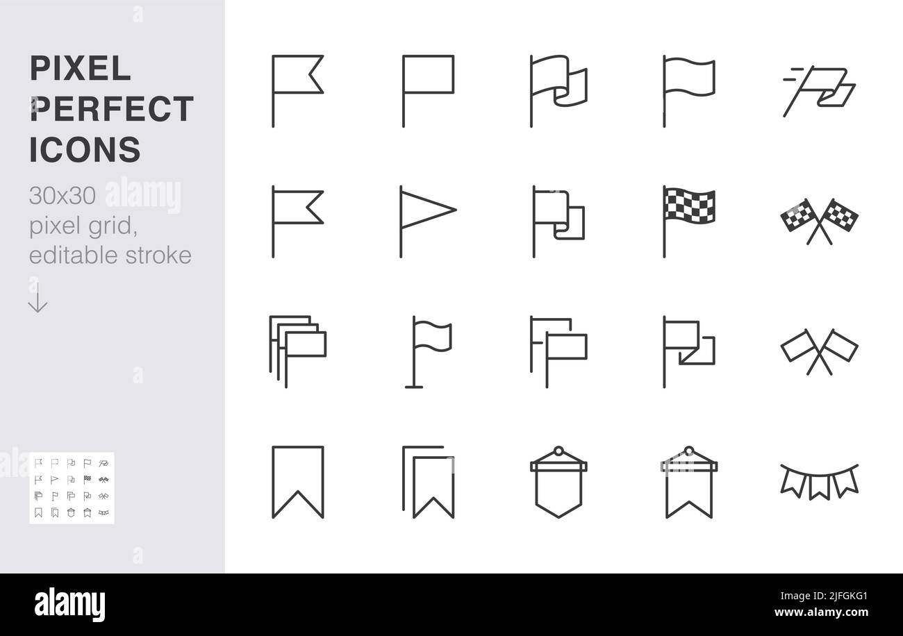 Markierungslinie Symbol gesetzt. Karierte Flaggen, Positionsmarkierung, winkende Wimpel, Lesezeichen, minimale Vektorgrafiken. Einfache Umrissschilder für die Web-Map Stock Vektor