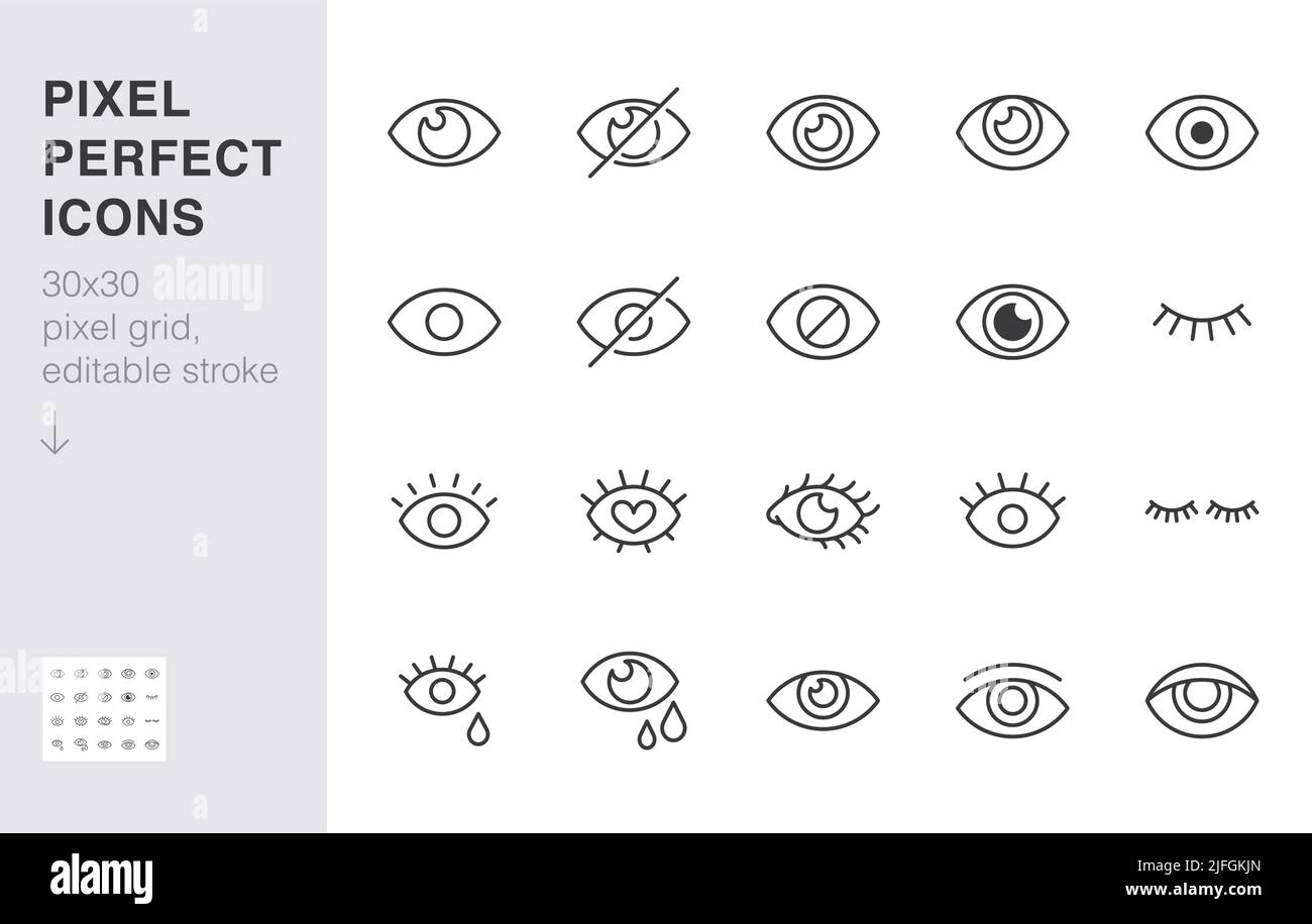 Symbol für Augenlinie eingestellt. Offene, geschlossene Augen, sichtbares unsichtbares Konzept, verborgenes Passwort, minimale Vektorgrafiken anzeigen. Einfache Umrissschilder für das Web Stock Vektor