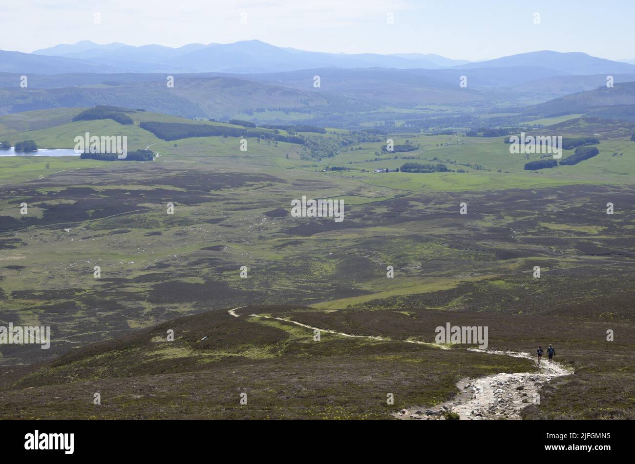 Ein Paar Fell-Läufer macht sich auf den Weg über Carn Liath nach Glen Tilt im Cairngorms National Park Schottland Stockfoto