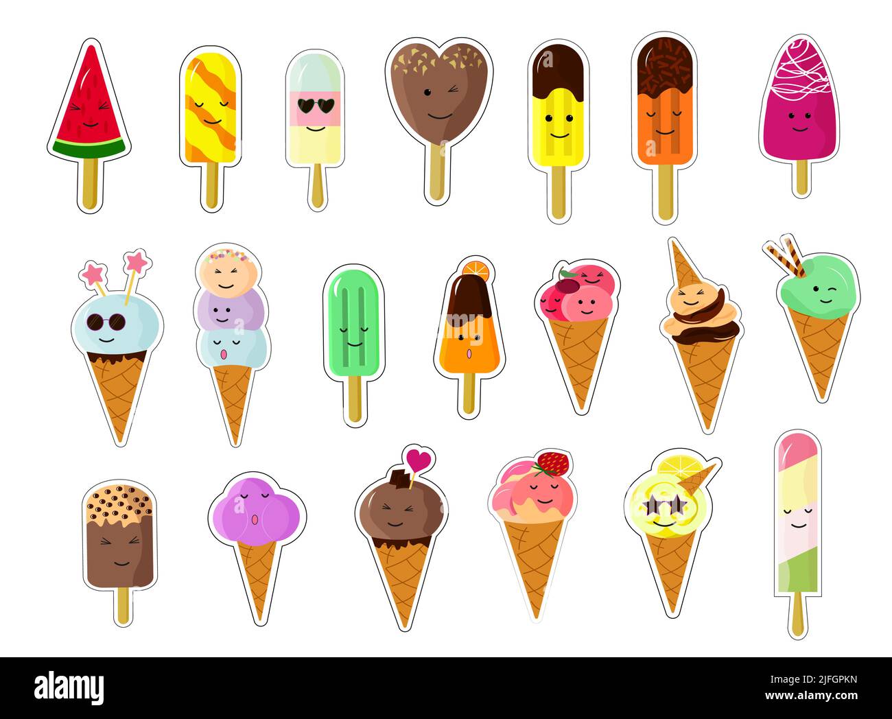Set von Kawaii-Eiscremes. Niedliche Cartoon-Aufkleber. Vektorgrafik. Stock Vektor