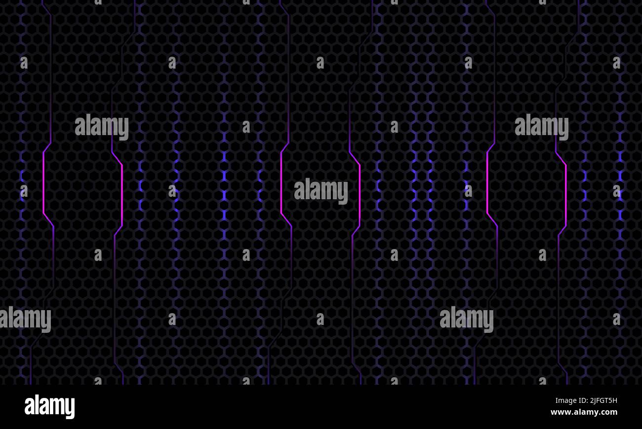 Abstrakter dunkelgrauer Carbon-Gaming-Technologie-Hintergrund mit violetten und blauen Blitzen und technologischen Formen. Vektorgrafik Stock Vektor