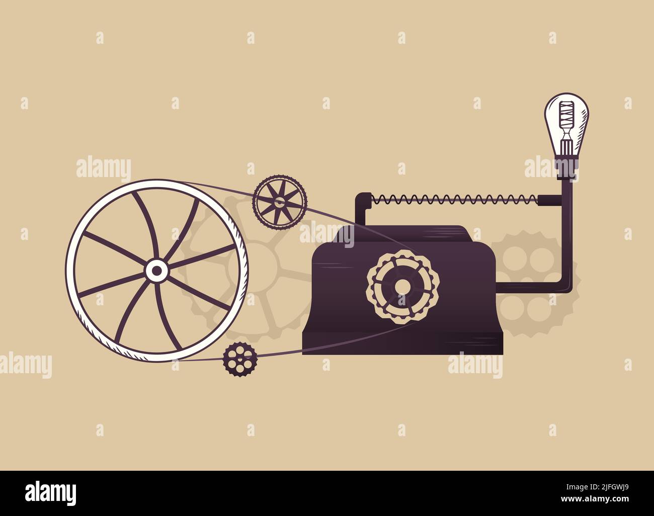 Vintage Perpetual Motion-Maschine. Altes Versuchsgerät mit Radverbindungen und Lampe Stock Vektor