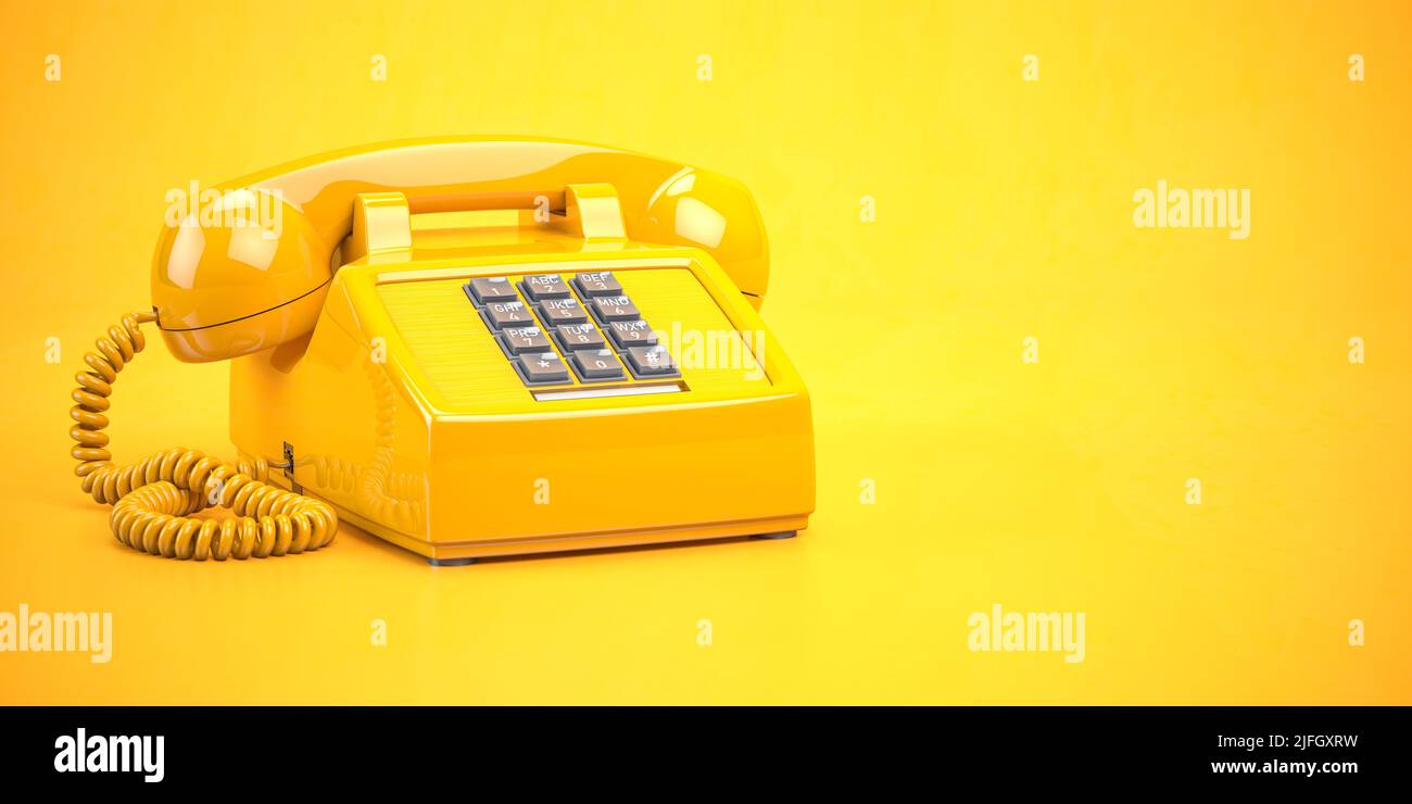 Gelbes Telefon. Vintage retro Druckknopf-Telefon auf gelbem Hintergrund. 3D Abbildung Stockfoto