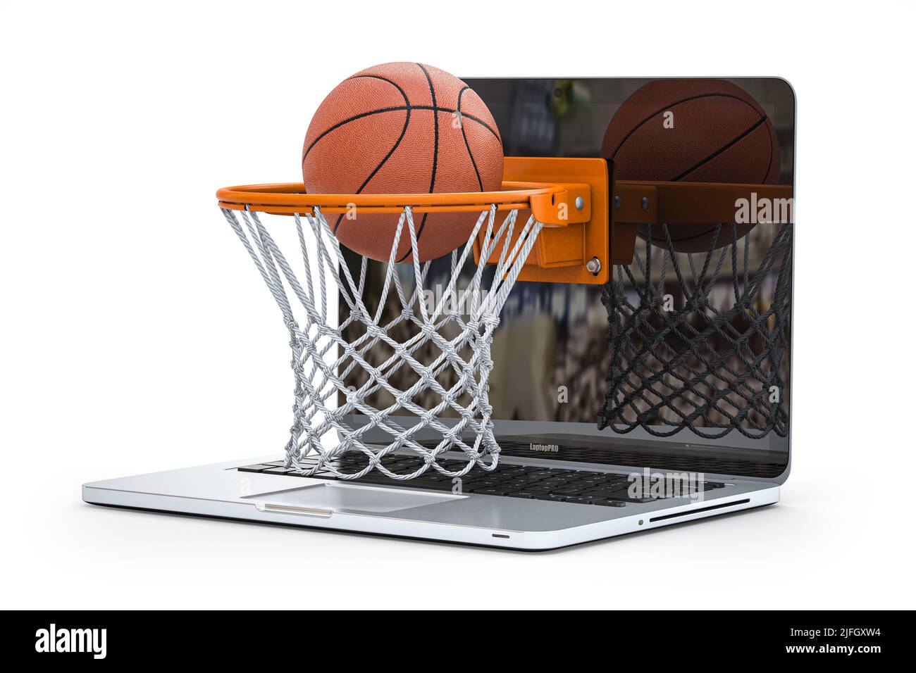 Basketball und Reifen auf dem Laptop. Online Sport Video Spiel Konzept. 3D Abbildung Stockfoto