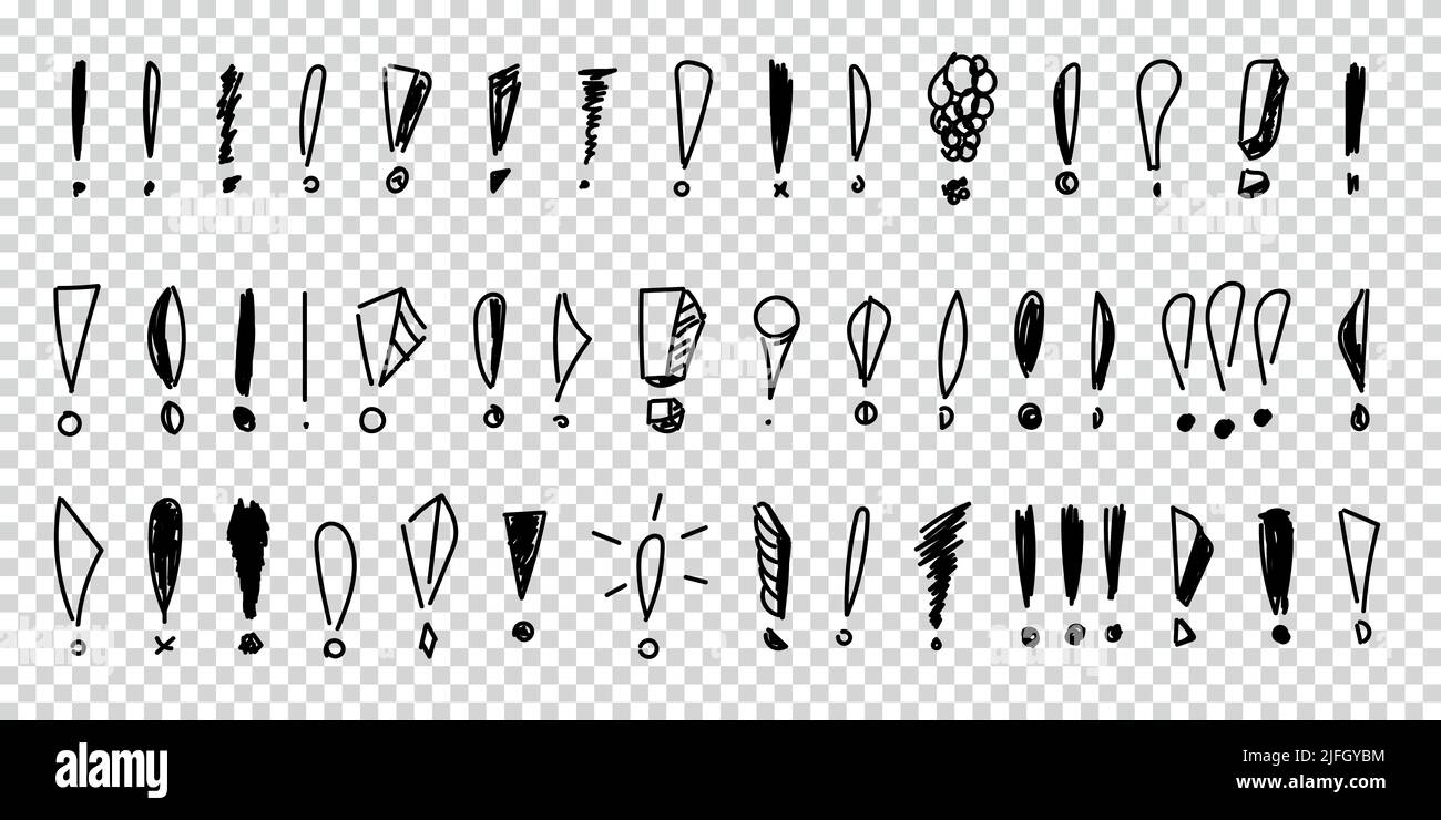 Satz handgezeichneter Ausrufezeichen. Bleistift und Tinte verschiedene verstreute Ausrufezeichen. Skizzen der Zeichensetzung, Vektordarstellung auf isoliert Stock Vektor