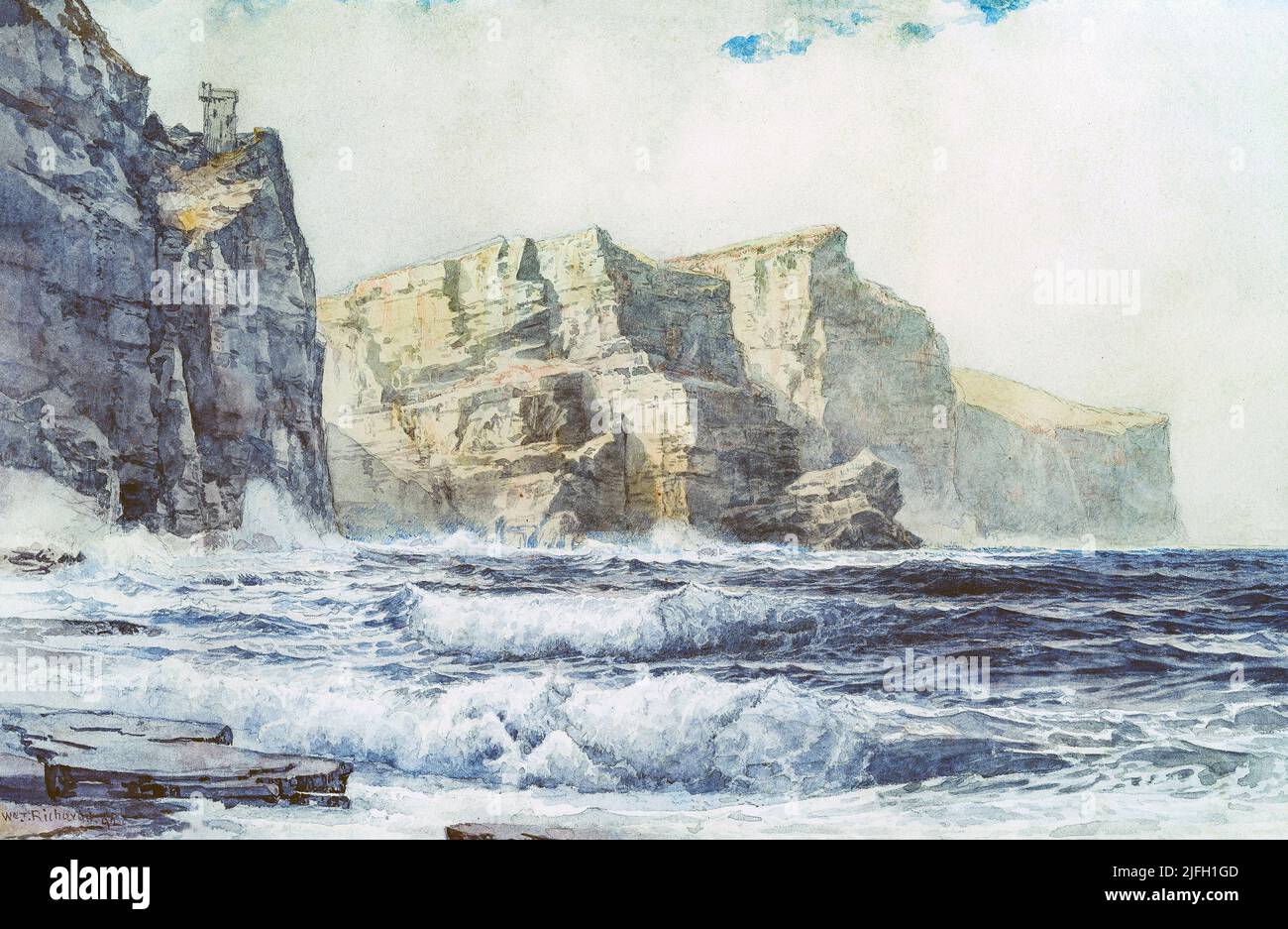 Ein Gemälde von William Trost Richards, Amerikaner, (1833-1905) aus dem Jahr 1892 von Baldart Castle mit Blick auf den Atlantischen Ozean, am Rande von Klippen, Kilkee, County Clare, Irland. Stockfoto