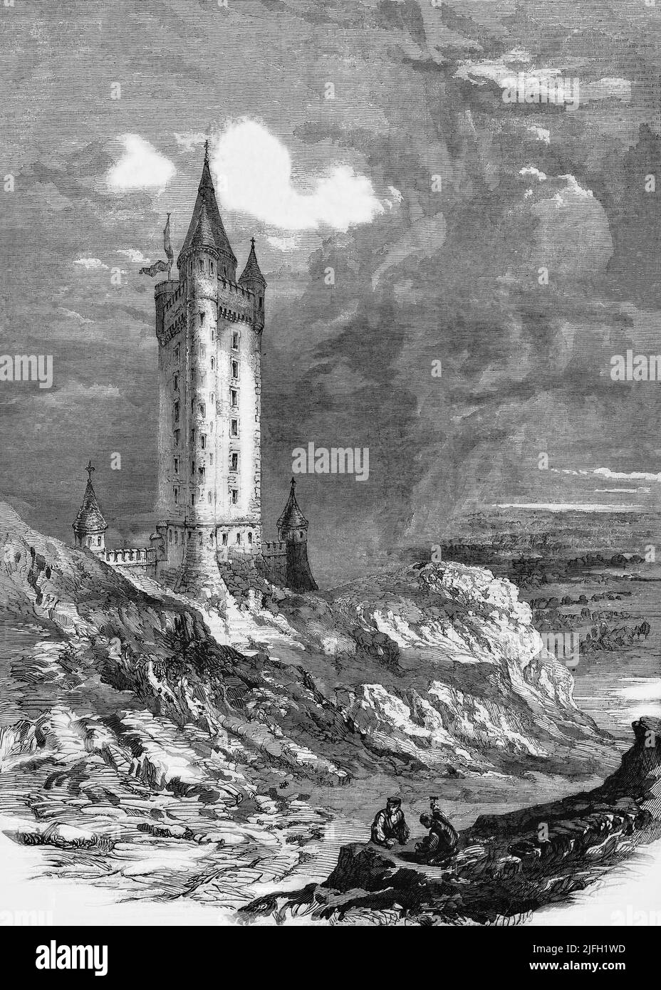 Eine Zeichnung des Scrabo Tower, eines 135 Fuß (41 m) hohen Aussichtsturms aus dem 19.. Jahrhundert oder einer Torheit, die auf dem Scrabo Hill in der Nähe von Newtownards in der Grafschaft Down, Nordirland, steht. Das Wahrzeichen mit seiner weiten Aussicht wurde als Denkmal für Charles Vane, 3. Marquess of Londonderry, erbaut und war ursprünglich als Londonderry Monument bekannt. Sein architektonischer Stil ist Scottish Baronial Revival. Stockfoto