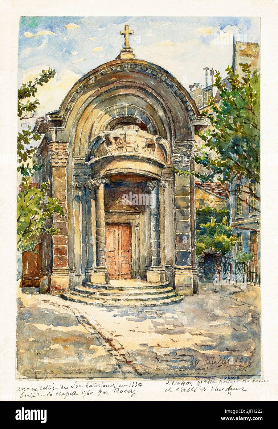 Außenansicht der Porte de la Chapelle, einem Anbau des Collège des Irlandais (Irisches Kolleg) an der Rue des Carmes, Paris, Frankreich. Ein Gemälde von Georges-Henri Manesse, Zeichner von 1915. Stockfoto