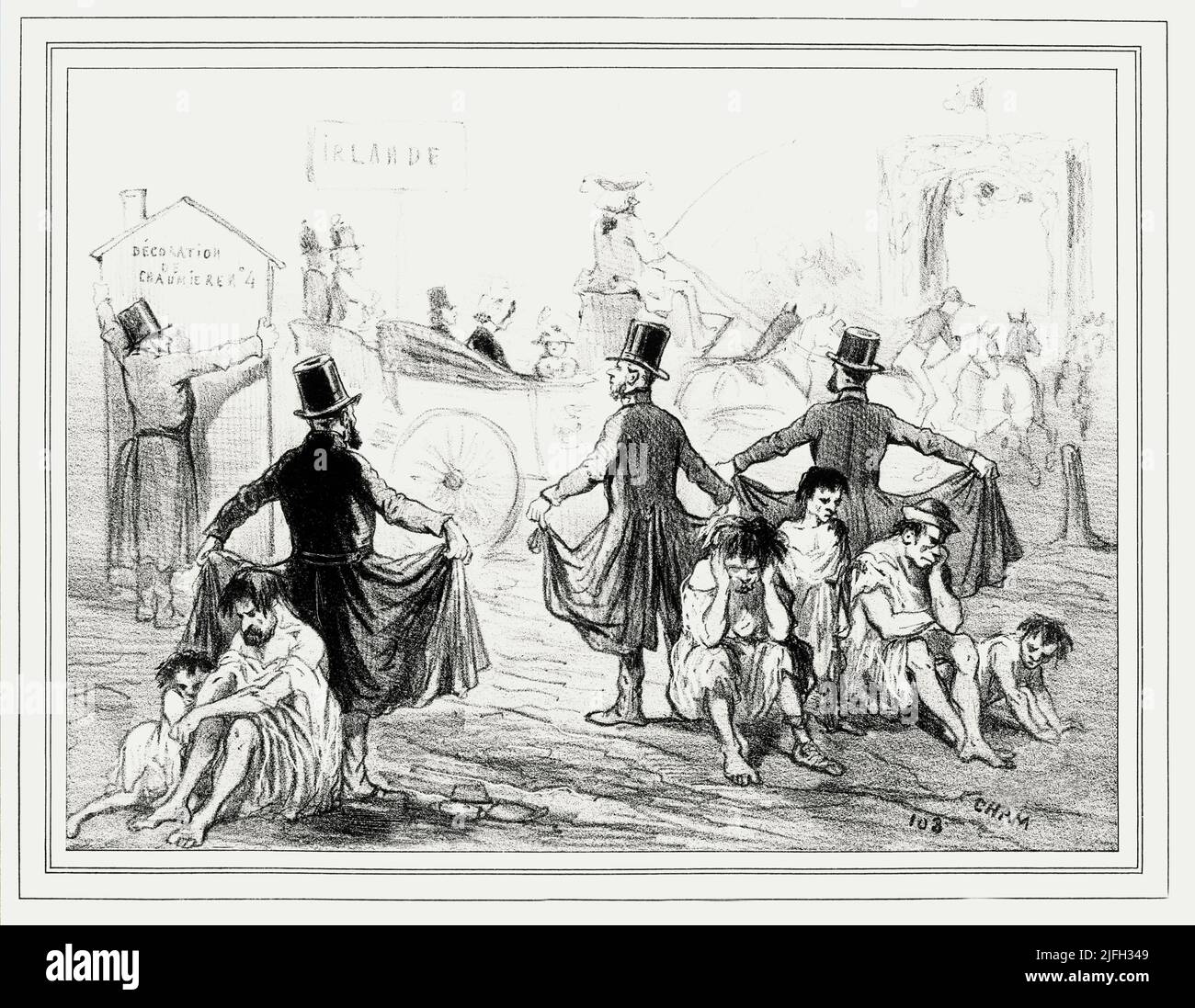 Ein französischer Cartoon von Cham (Amédée Charles de Noé) über den Irlandbesuch von Königin Victoria im Jahr 1849. Sie fand während der irischen Hungersnot statt, daher die Bemühungen der Männer in Kittel, die von Armut betroffene Bevölkerung zu verbergen. Stockfoto