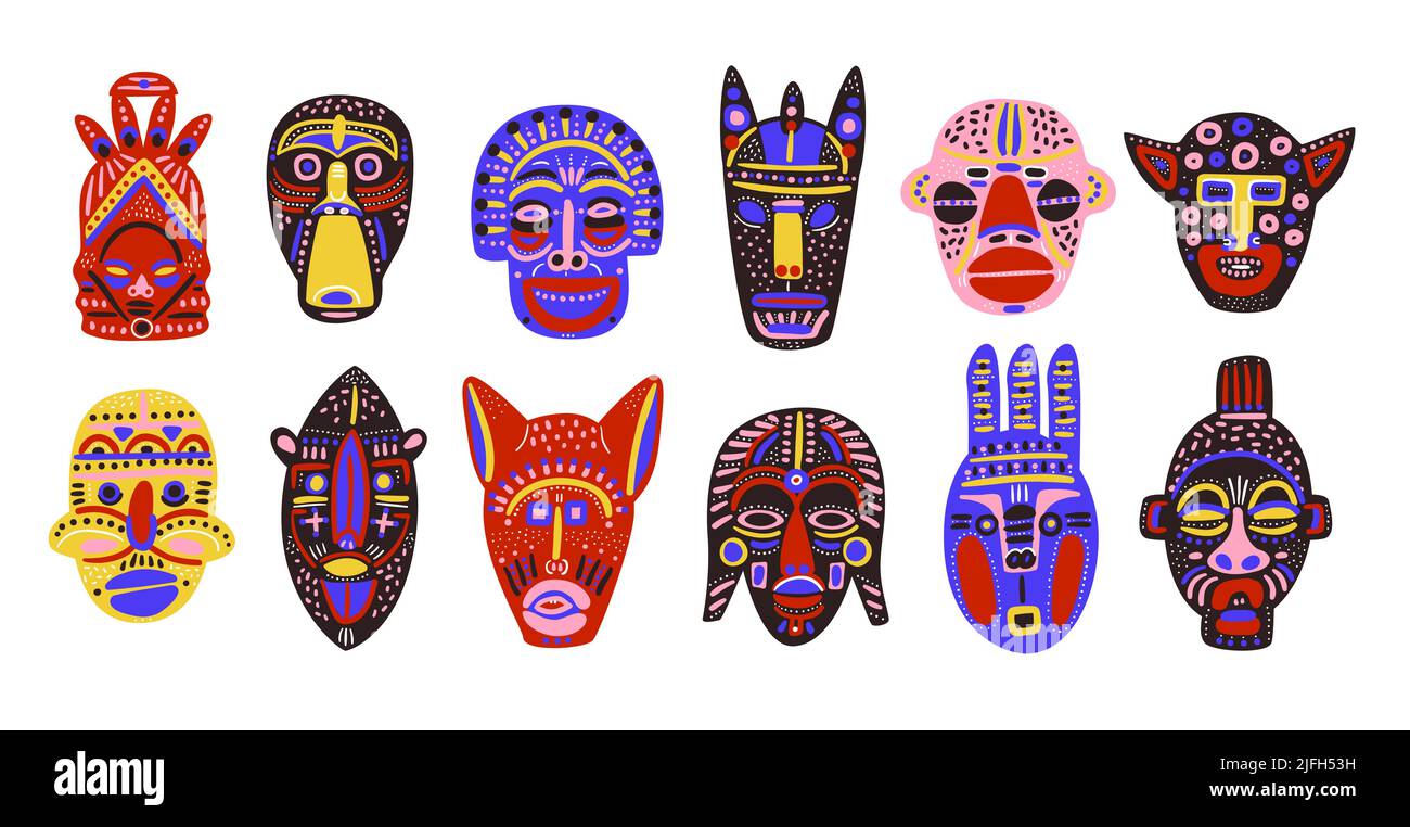 Afrikanische Masken. Dekorative Gesichter aus der Stammesethnie. Traditionelle Kriegerelemente. Rituelle Accessoires. Kultsymbole. Doodle Indianer Idole. Zeremonielle Totems Stock Vektor