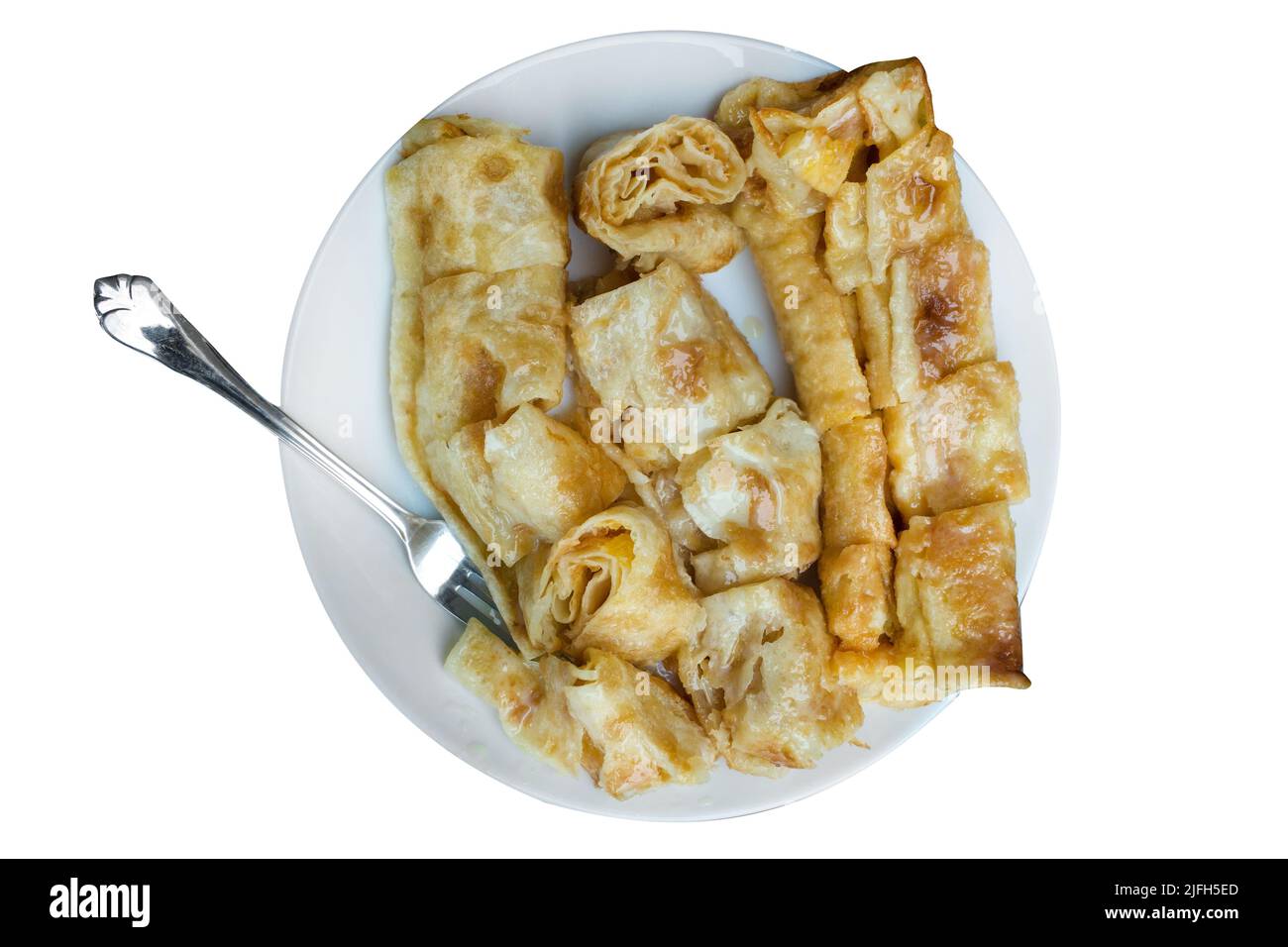 Stempelschnitt von Fried Delicious Roti mit Gabel, selektiv fokussieren. Stockfoto