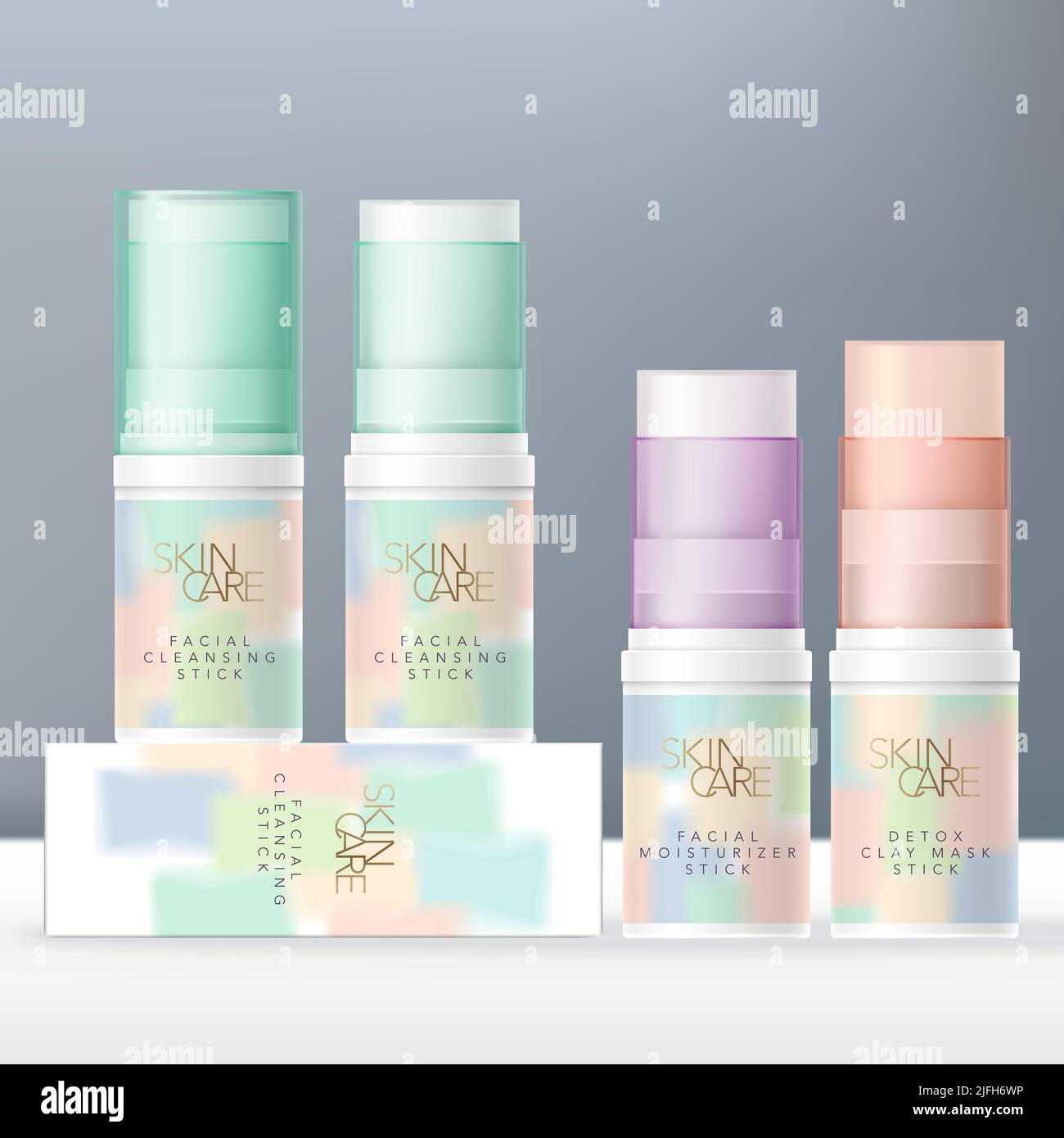 Vector Lippenbalsam, Gesichtsreiniger oder Beauty Clay Mask Stick Pastell Farbe Semi Transparent Tube Verpackung. Pastellfarben In Abstraktem Pastelldesign. Stock Vektor