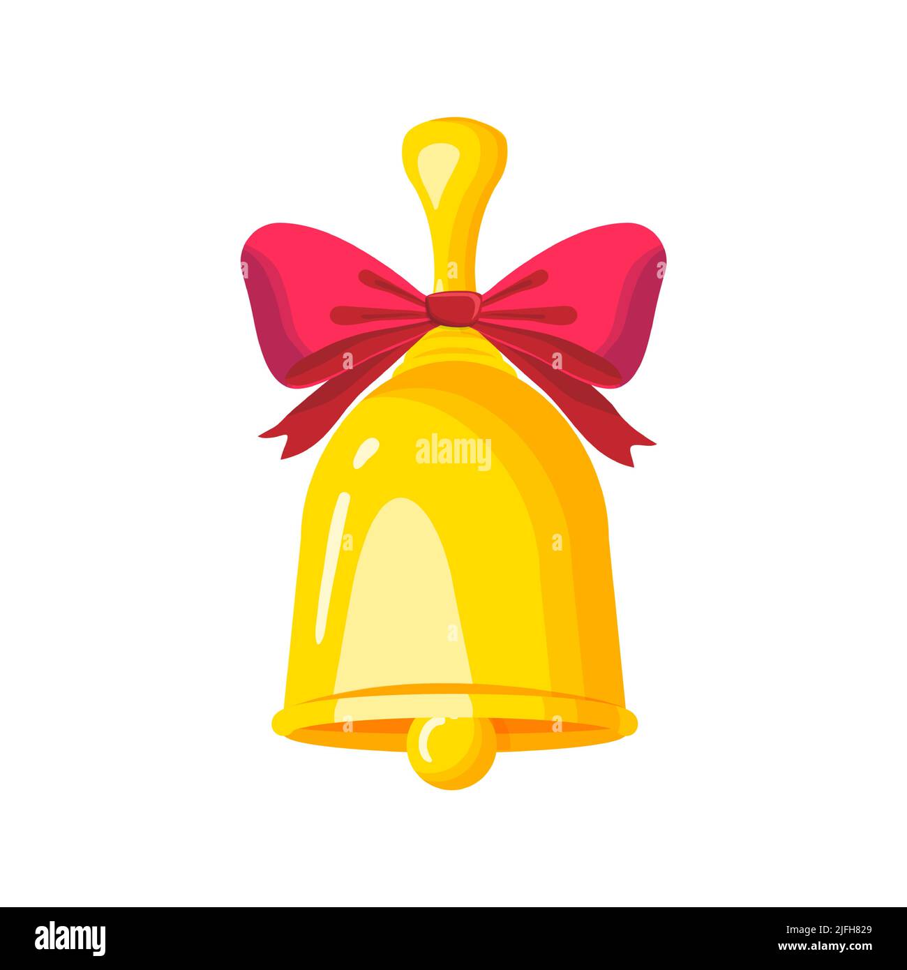 Goldene Glocke mit roter Schleife. Schule Glocke flache Vektor-Illustration isoliert auf weißem Hintergrund. Stock Vektor