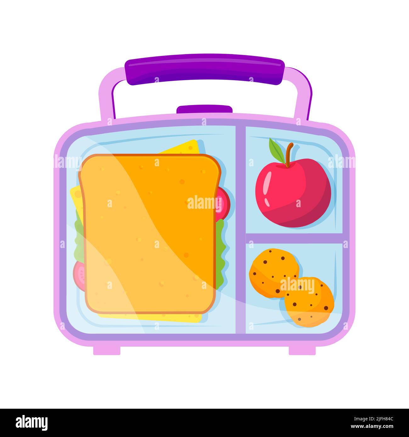 Lunchbox mit Schulessen, Apfel, Sandwich und Keksen. Gesunde Ernährung für Kinder und Schüler flache Vektorgrafik isoliert auf weißem Hintergrund. Stock Vektor