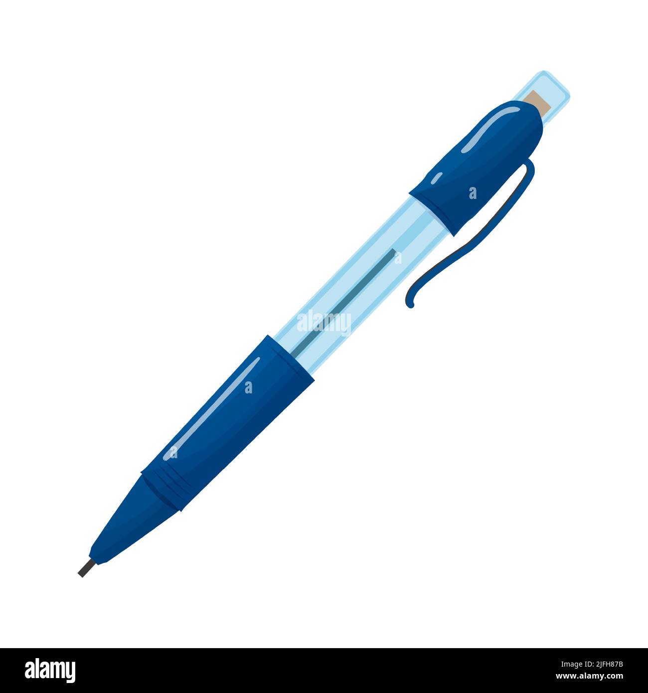 Blauer mechanischer Stift oder Bleistift mit transparenter, flacher Vektorgrafik aus Kunststoff, isoliert auf weißem Hintergrund. Stock Vektor