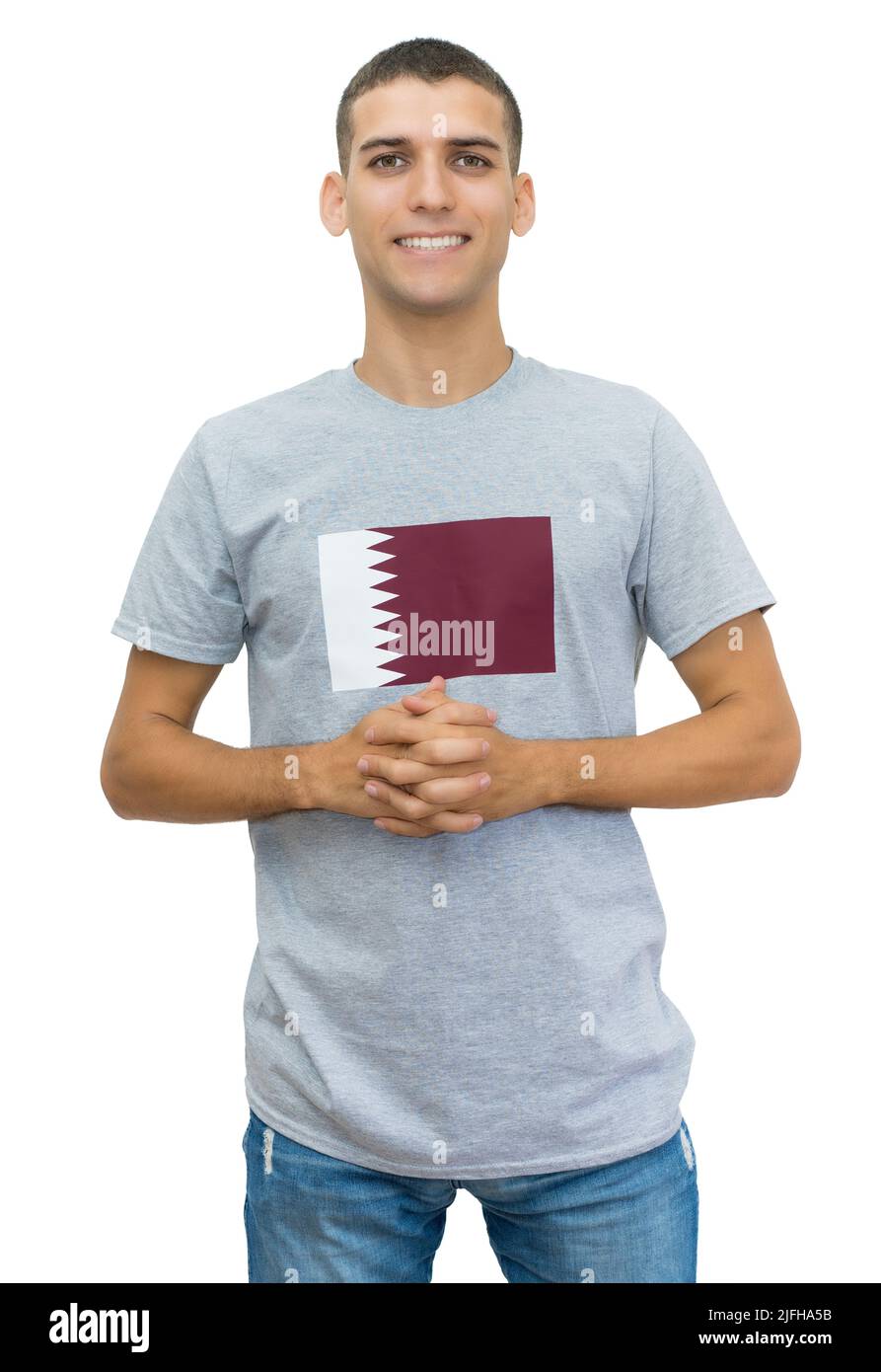 Schöner Fußballfan mit Flagge von Katar auf Trikot isoliert auf weißem Hintergrund für Ausschneiden Stockfoto