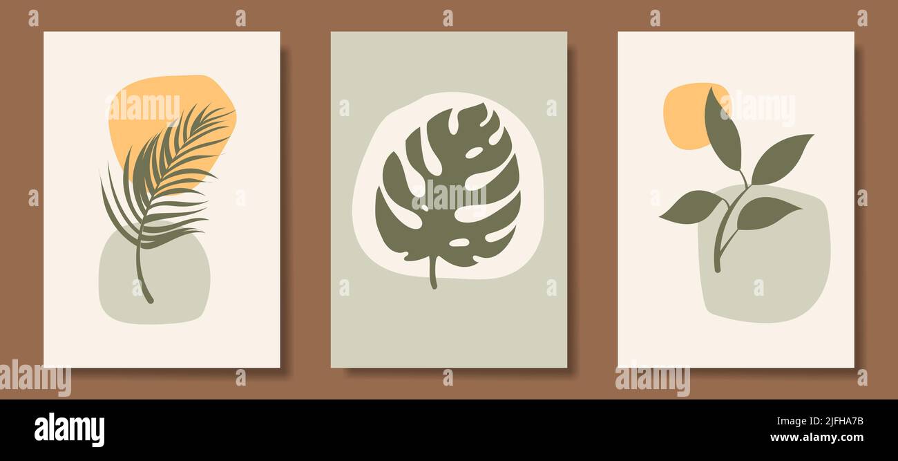 Sammlung von Plakaten mit abstrakten Konzepten und Pastellfarben. Pflanzenblätter, tolles Design für Social Media, Postkarten, Drucke. Stock Vektor