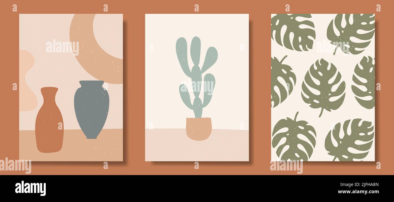 Sammlung von Plakaten mit abstrakten Konzepten und Pastellfarben. Pflanzenblätter, tolles Design für Social Media, Postkarten, Drucke. Stock Vektor