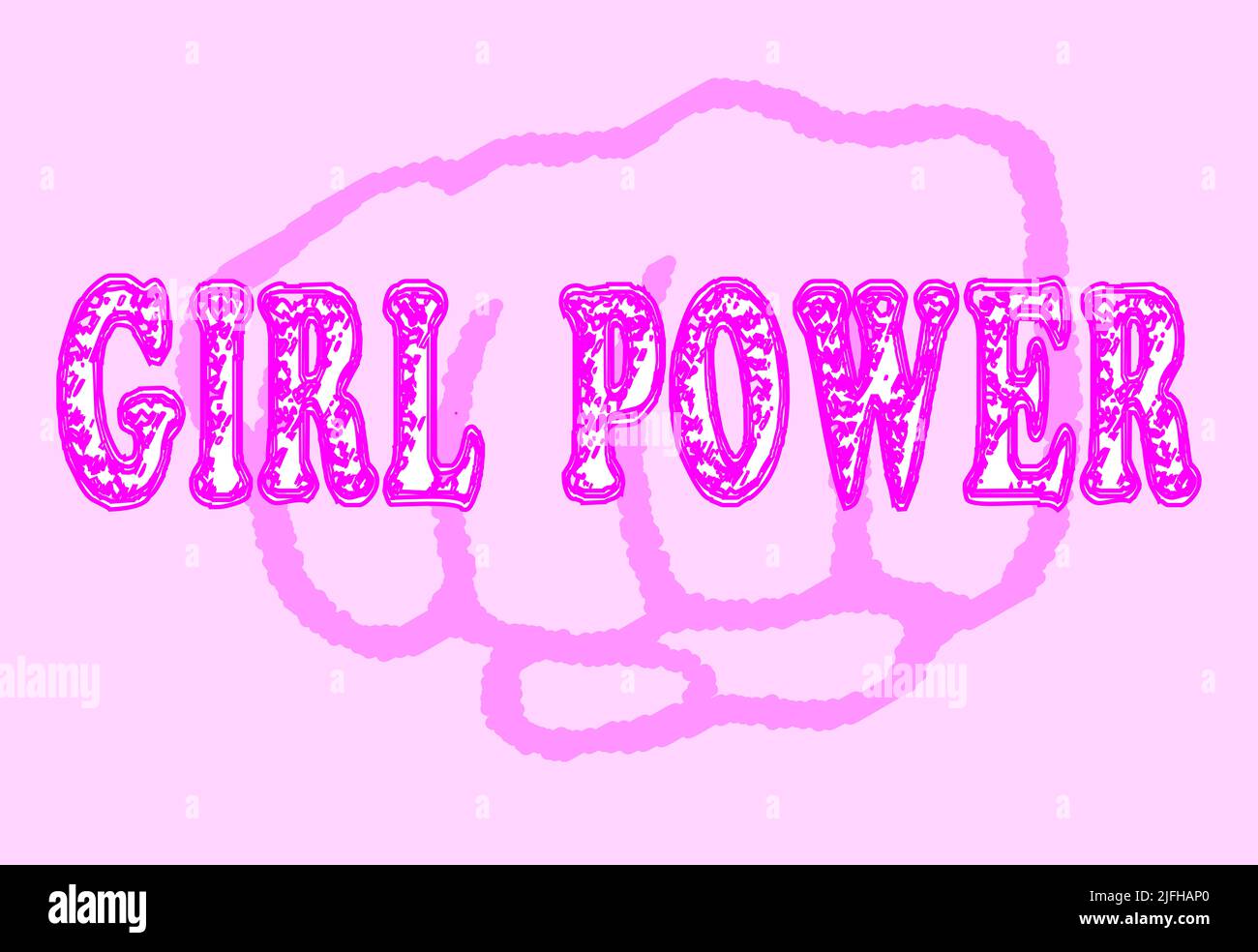 Geballte Fäuste mit Girl Power-Text in rosa Farbtönen auf weißem Hintergrund Stockfoto