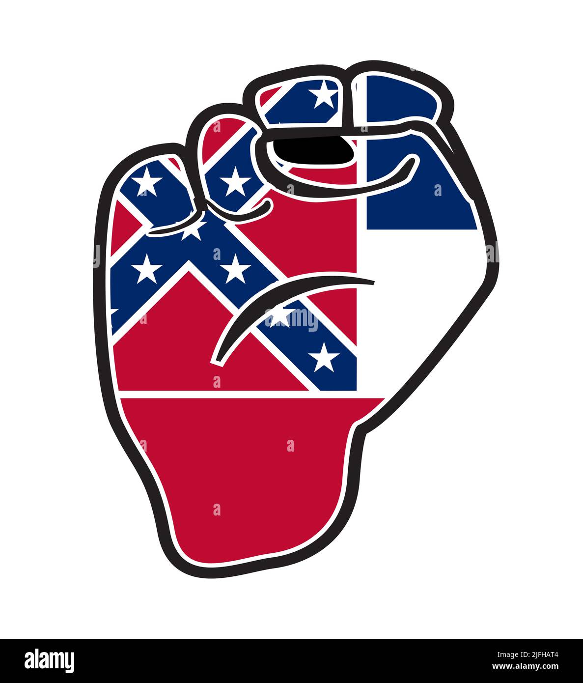 Eine schwarze Umrissfaust über die Mississippi-Staatsflagge, isoliert auf weißem Hintergrund Stockfoto