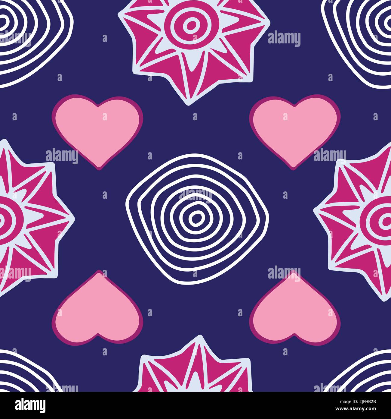 Abstraktes nahtloses Muster mit konzentrischen Kreisen, Sternen und Herzen auf dunkelblauem Hintergrund. Stock Vektor