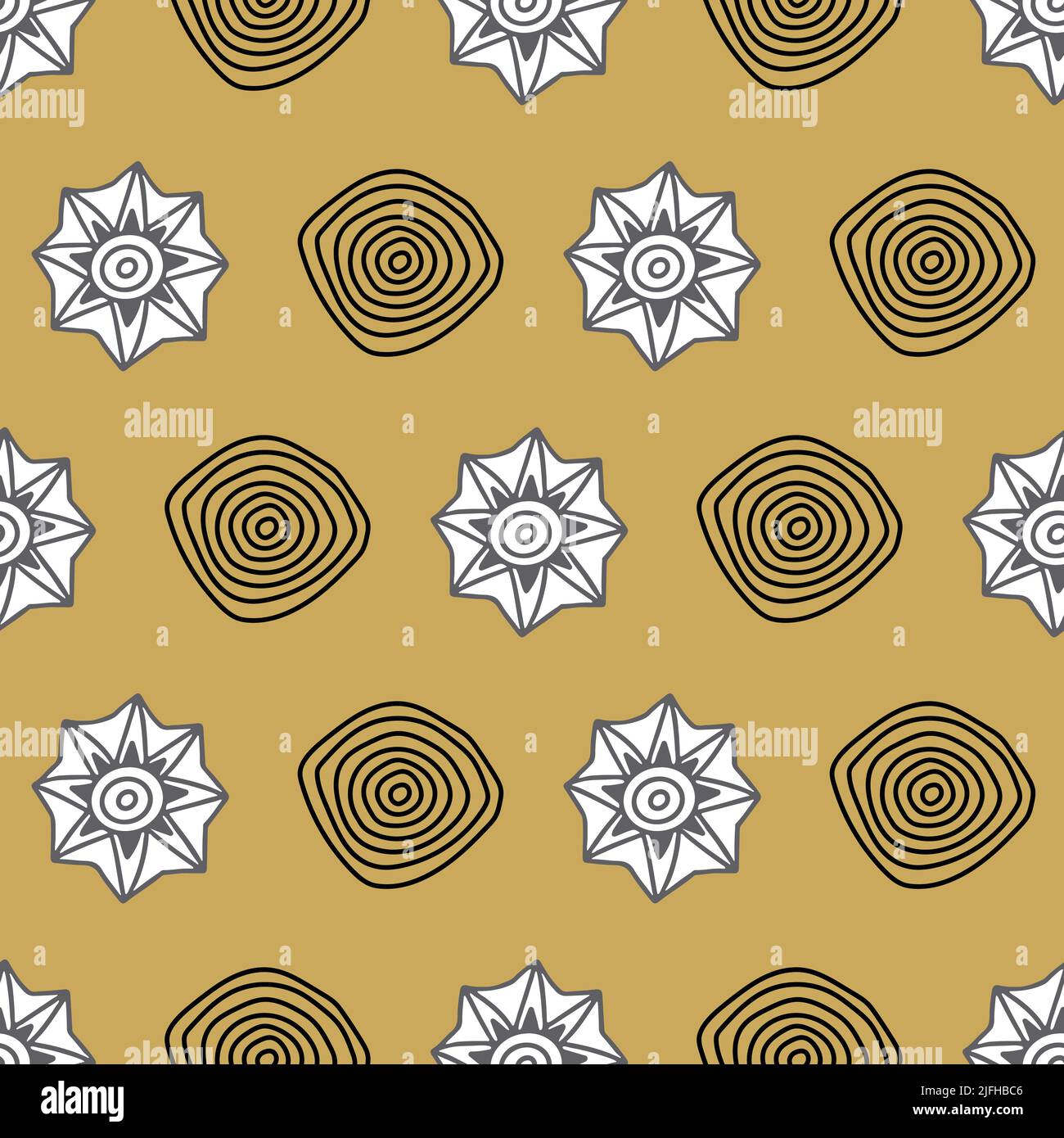Abstraktes Nahtloses Muster mit konzentrischen Kreisen und stilisierten Sternen auf senfgelbem Hintergrund. Stock Vektor