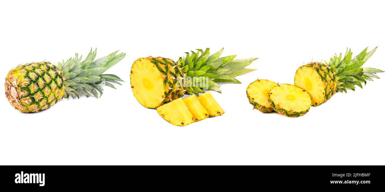 Ananas Sammlung. Ganze und aufgeschnittene Ananas auf weißem Hintergrund mit Freistellungspfad isoliert Stockfoto