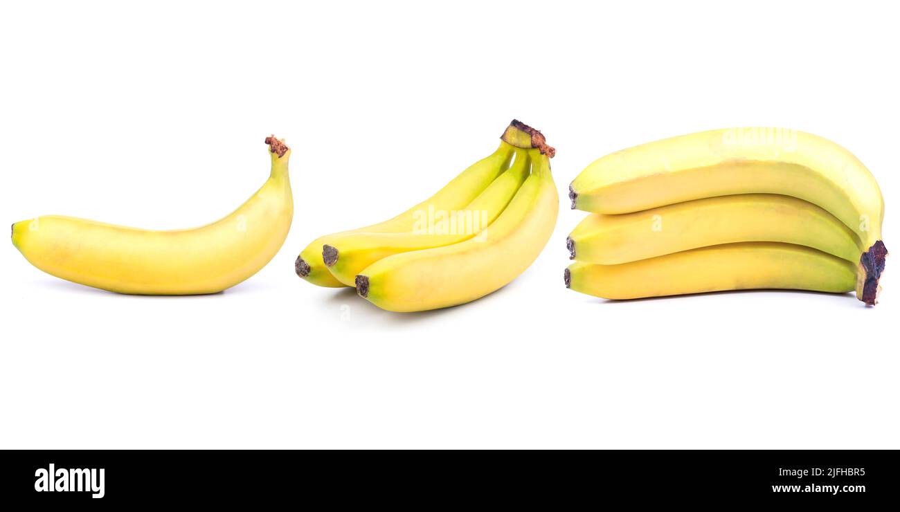 Sammlung von gelben Bananen isoliert auf weißem Hintergrund. Stockfoto