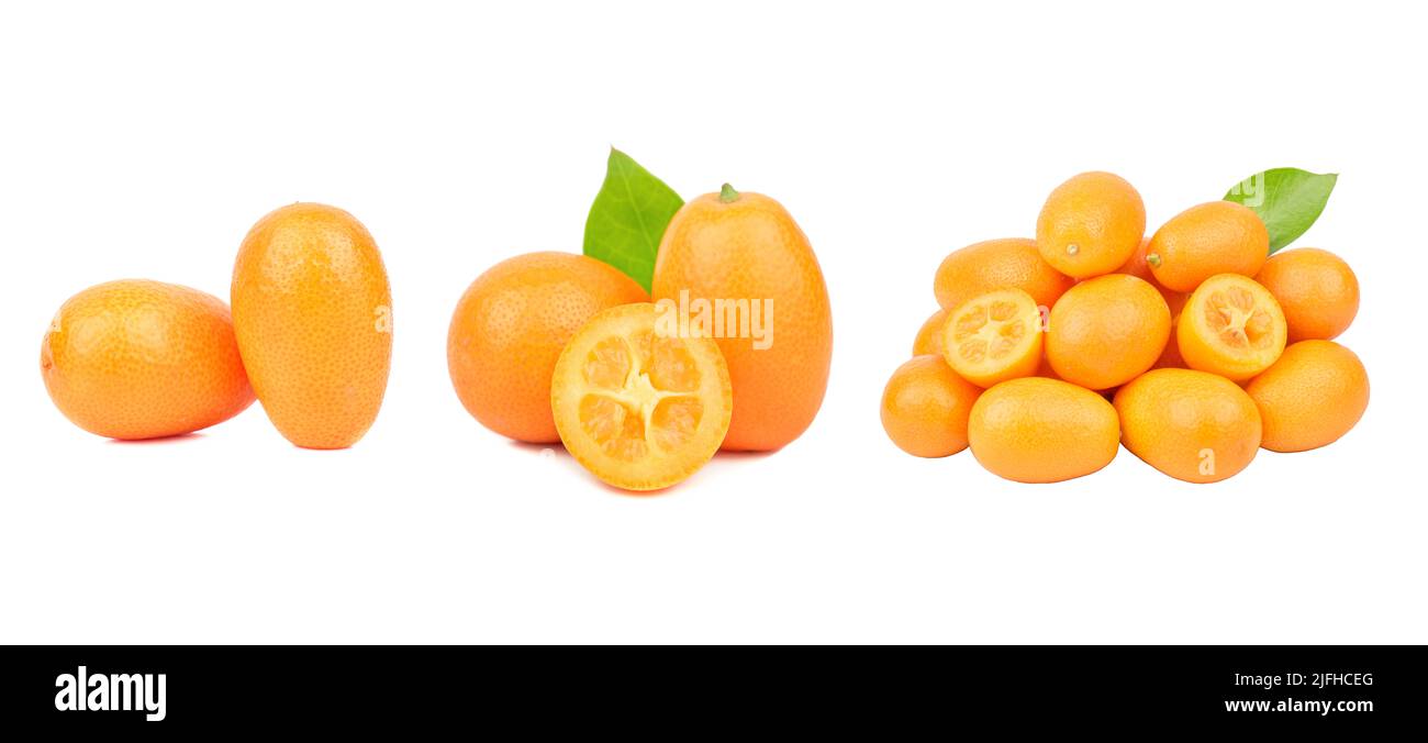 Set mit frischen reifen Kumquat-Früchten auf weißem Hintergrund. Stockfoto