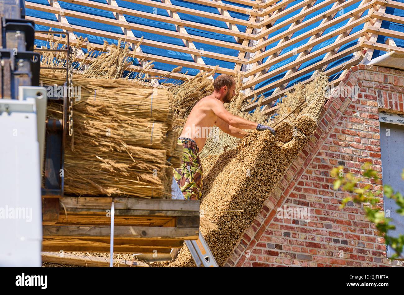 Reethaus wird am 29. Juni 2022 von einem Dachdecker-Handwerker in Oldsum bei Wyk, Föhr Island, Deutschland, abgedeckt und genäht. © Peter Schatz / Alamy Stock Photos Stockfoto