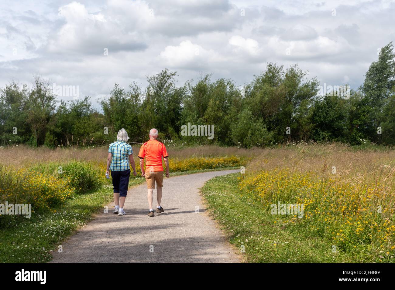 Edenbrook Country Park in der Nähe von Fleet, Hampshire, England, Großbritannien. Ein älteres Paar, das an einem sonnigen Sommertag einen Pfad durch Wildblumen entlang geht. Stockfoto