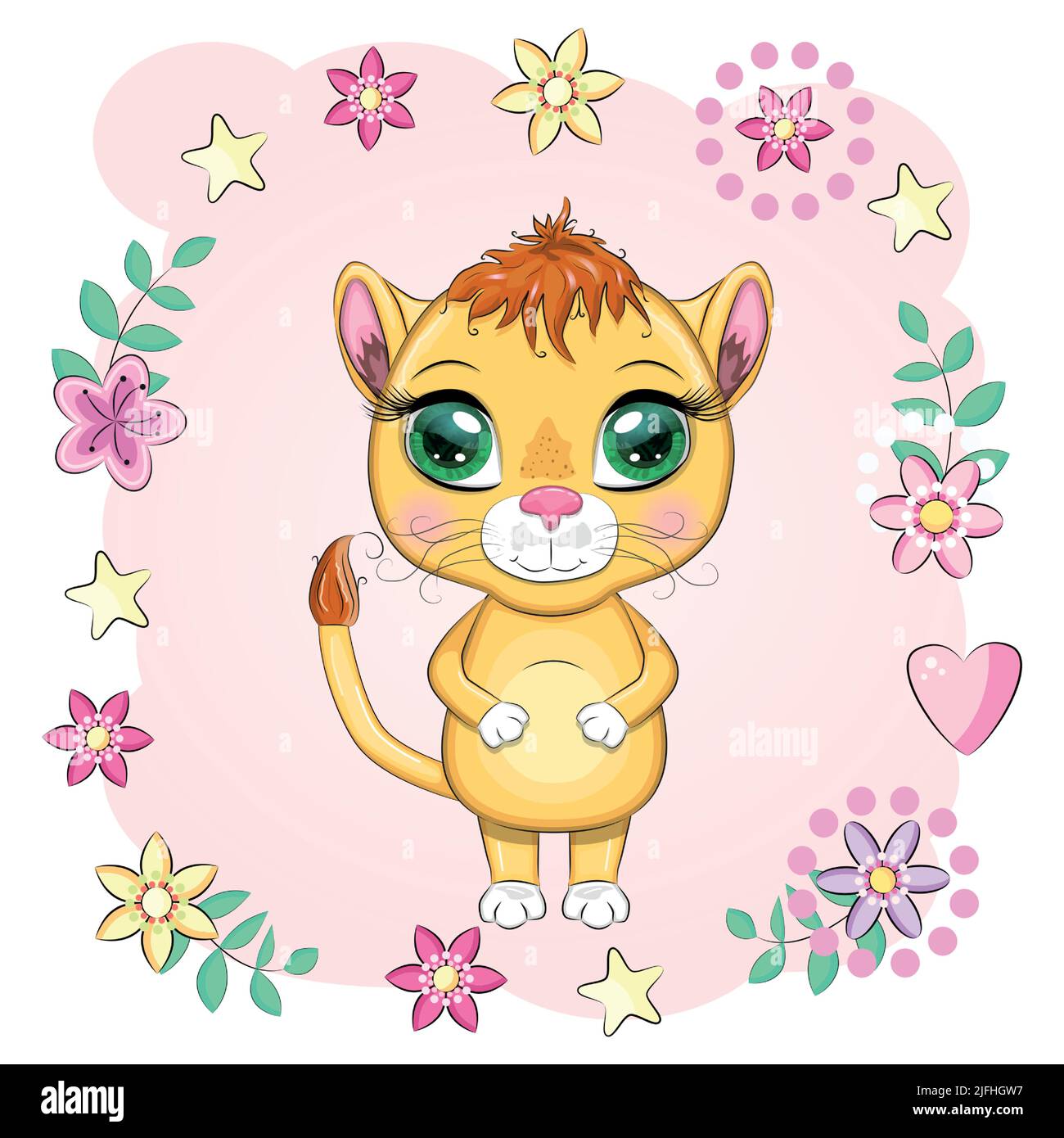 Cartoon-Löwin mit ausdrucksstarken Augen. Wilde Tiere, Charakter, kindisch niedlichen Stil Stock Vektor