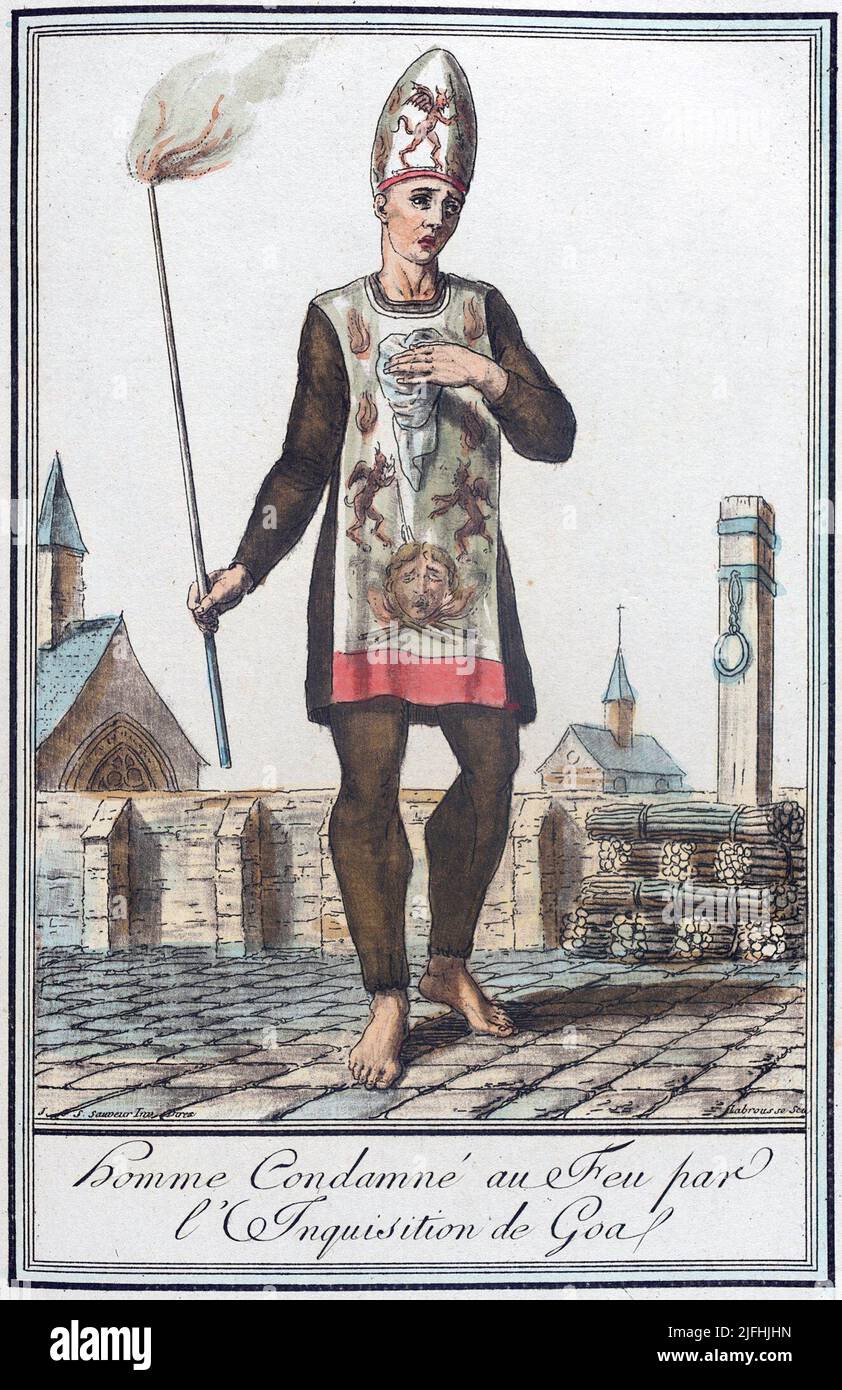 Eine französische Skizze aus dem 18.. Jahrhundert, die einen Mann zeigt, der von der Goa-Inquisition zu lebendigem Leibe verbrannt wurde. Der Scheiterhaufen befindet sich links hinter ihm, die Strafe ist auf seinem Hemd skizziert. Sie wurde von Charles Dellons Verfolgung um 1797 inspiriert Stockfoto
