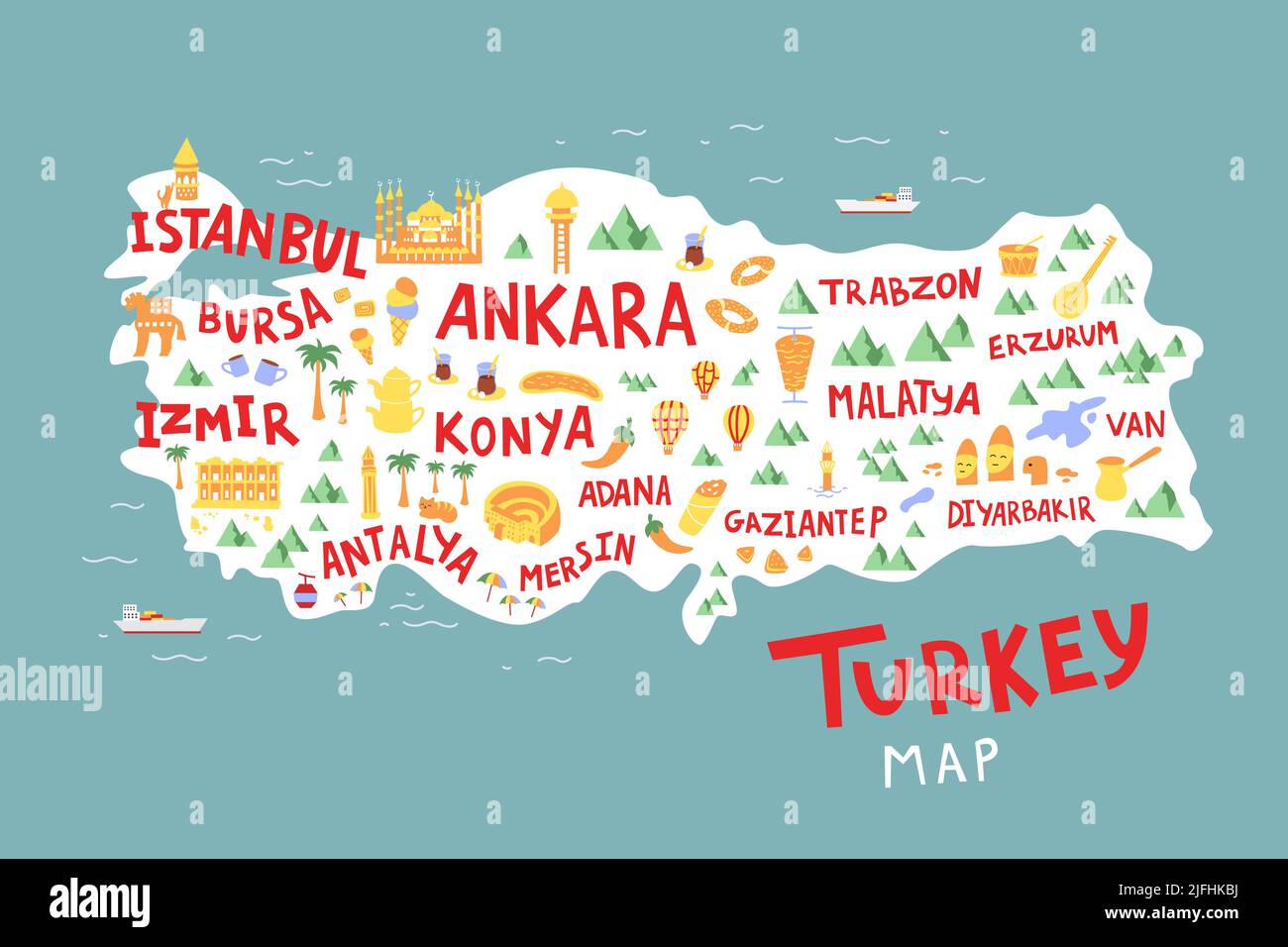 Türkei Cartoon Karte flach Hand gezeichnet Vektor-Illustration. Stadtnamen, Schriftzüge und Wahrzeichen, Cliparts für Touristenattraktionen. Reise, Comic-Poster, b Stock Vektor