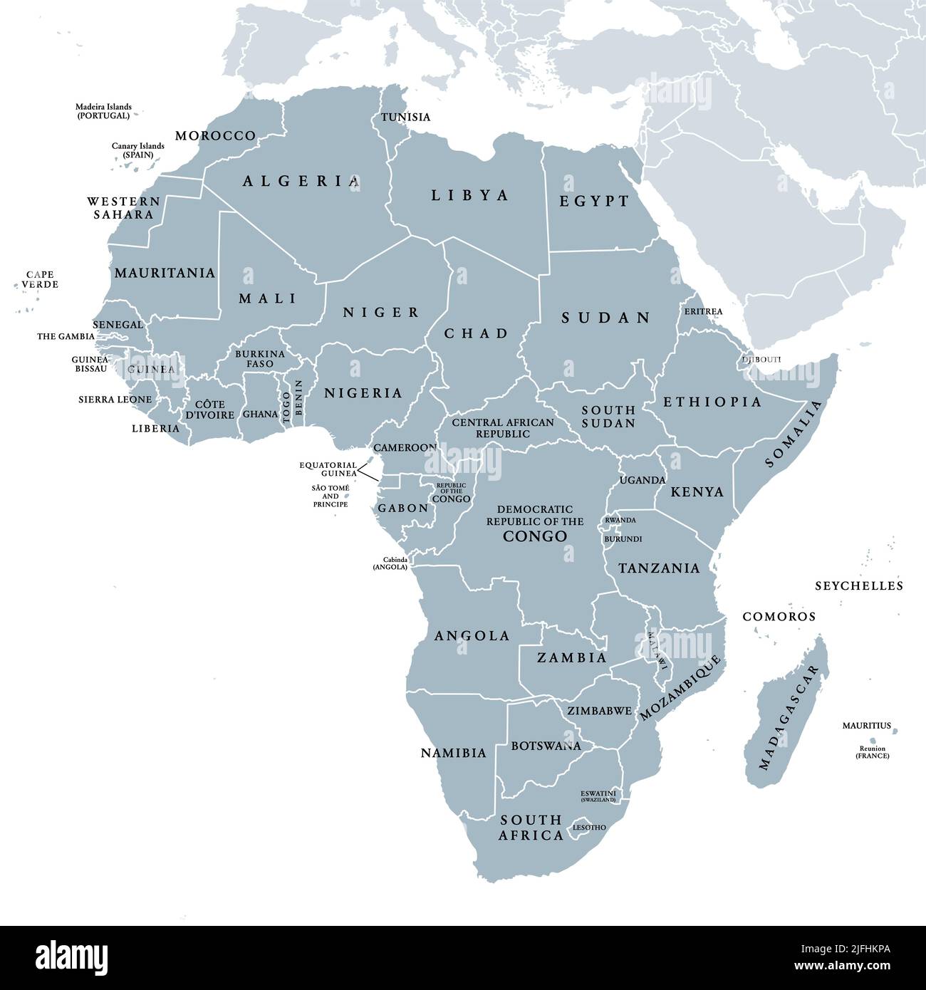 Afrika, einzelne Länder, graue politische Landkarte. Größter Kontinent, einschließlich Madagaskar. Mit englischen Ländernamen und internationalen Grenzen. Stockfoto