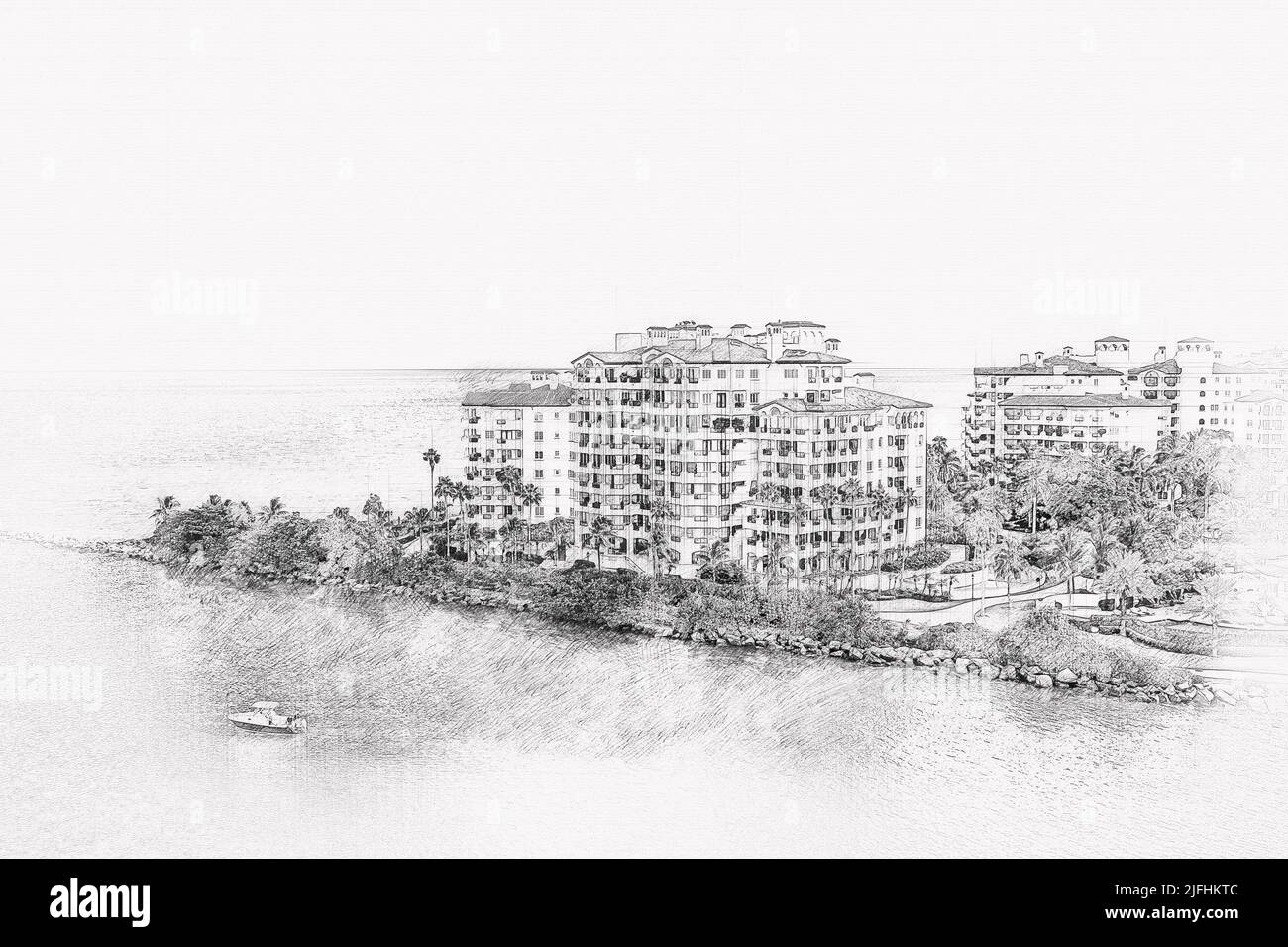 Luftdrohnenansicht der Apartments in Fisher Island in Miami, handgezeichnete Bleistiftskizze Stockfoto