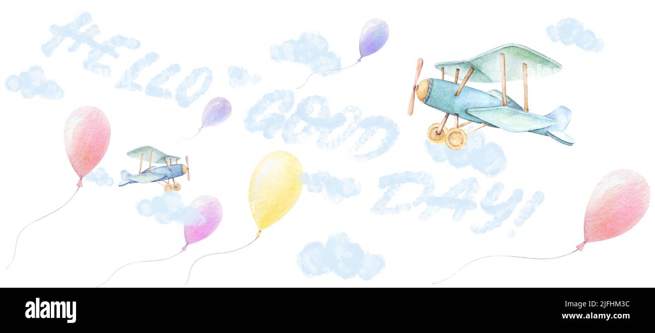 Hallo Baby, guten Tag Banner. Kinderzimmer Wandkunst. Flugzeuge, Luftballons fliegen in den Himmel. Blaue Wolken. Kleiner Duschjunge. Weißer Hintergrund. Aquarell. Isoliert Stockfoto