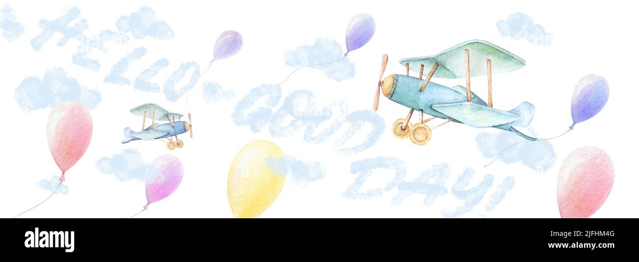 Hallo Baby, guten Tag Banner. Flugzeuge, bunte Luftballons fliegen in den Himmel. Blaue Wolken. Weißer Hintergrund. Kleiner Duschjunge. Aquarell. Wandkunst im Kinderzimmer Stockfoto