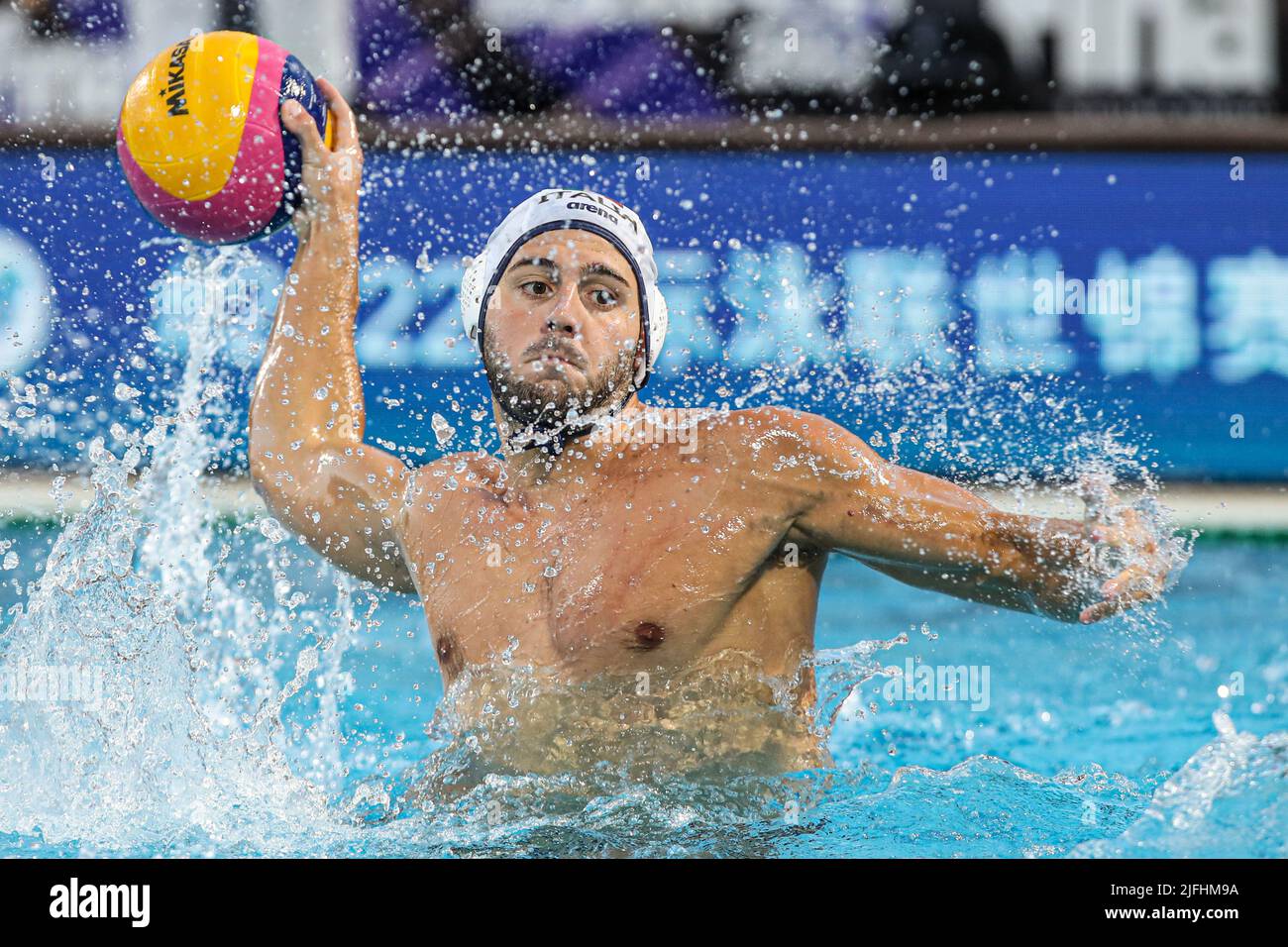 BUDAPEST, UNGARN - 3. JULI: Giacomo Cannella aus Italien während der FINA World Championships Budapest 2022 - Wasserball-Endspiel der Männer zwischen Italien und Spanien im Alfred Hajos Swimming Complex am 3. Juli 2022 in Budapest, Ungarn (Foto: Albert ten Hove/Orange Picles) Stockfoto