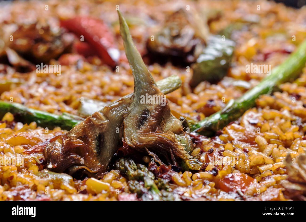 Nahaufnahme der vegetarischen Paella, traditionelle spanische Gerichte Stockfoto
