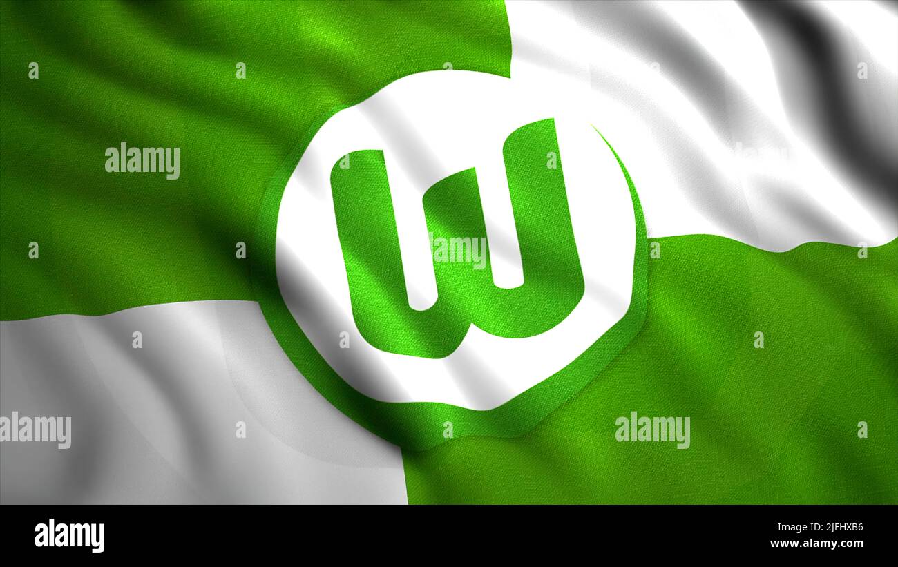 Winkende Flagge mit VFL-Wolfsburg-Fußballverein-Logo. Bewegung. Grün und weiß kräuselnde realistische Qualität. Nur für redaktionelle Zwecke. Stockfoto