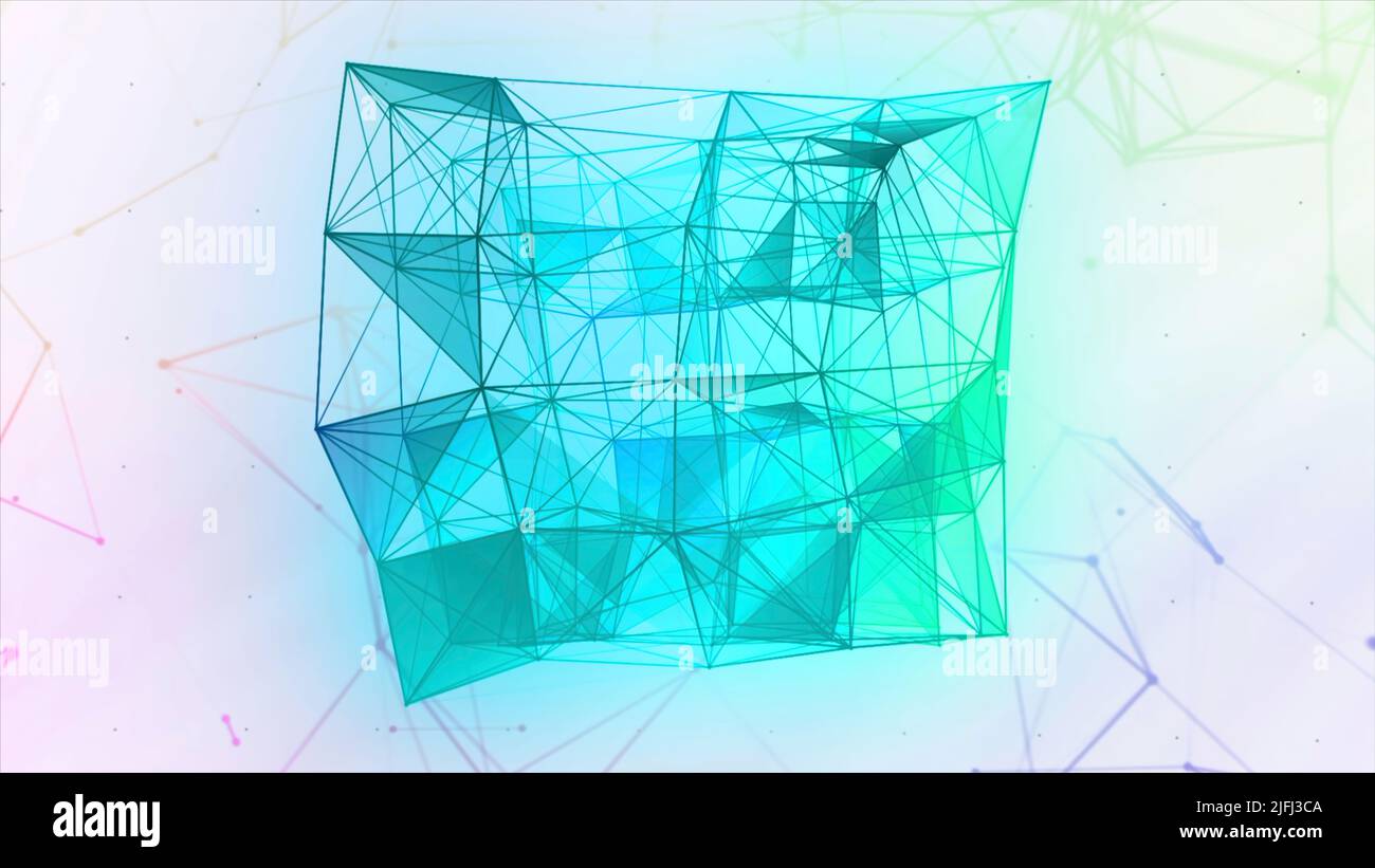 Abstrakter Neon-Plexus, der Würfel auf schwarzem Hintergrund verwandelt. Bewegung. 3D bewegte kubische Silhouette in der digitalen Welt. Stockfoto