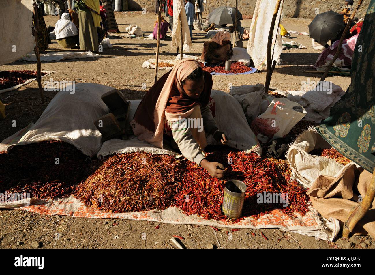 Frau, die rote Chilischoten auf dem Bati-Markt, Amhara Region, Äthiopien verkauft Stockfoto