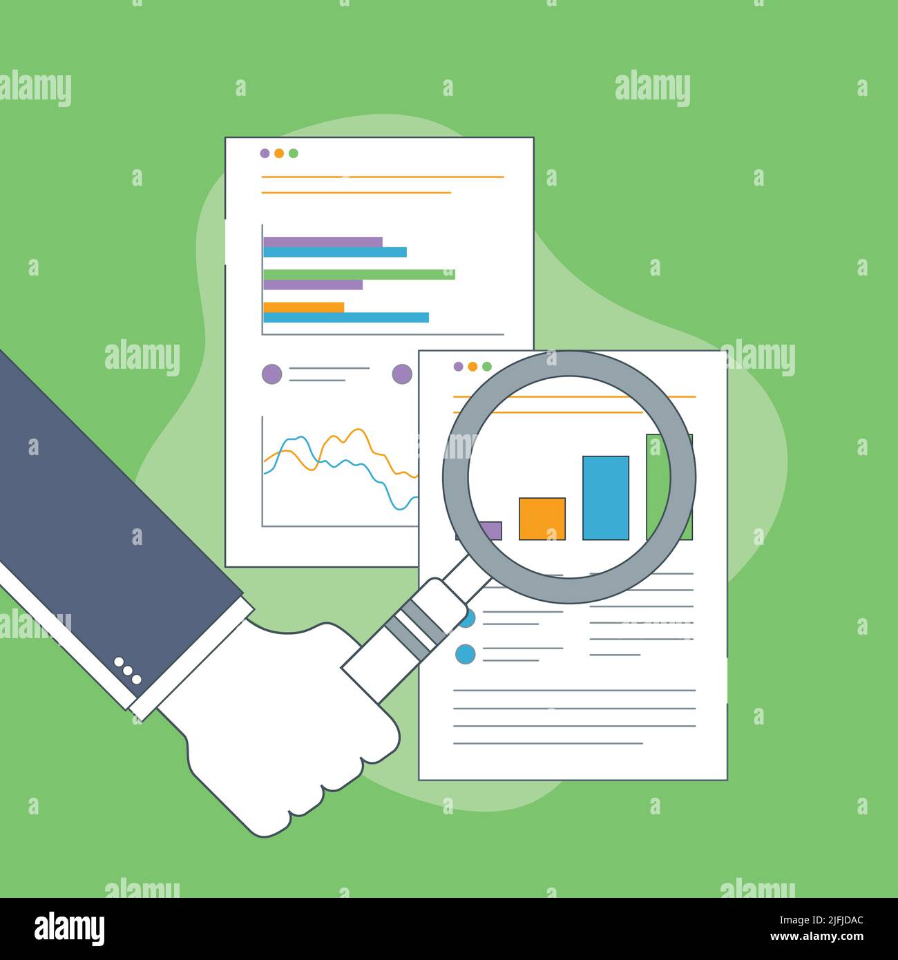Geschäftsmann Hand mit Lupe über Chart im Finanzbericht. Geschäftsanalyse, Rechnungslegung und Geschäftsfinanzbericht Konzept. Stock Vektor