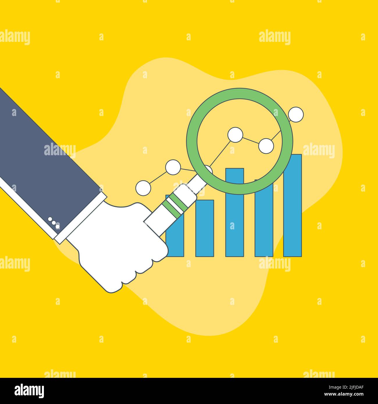 Geschäftsmann Hand mit Lupe über Karte. Geschäftsanalyse, Rechnungslegung und Geschäftsfinanzbericht Konzept. Stock Vektor