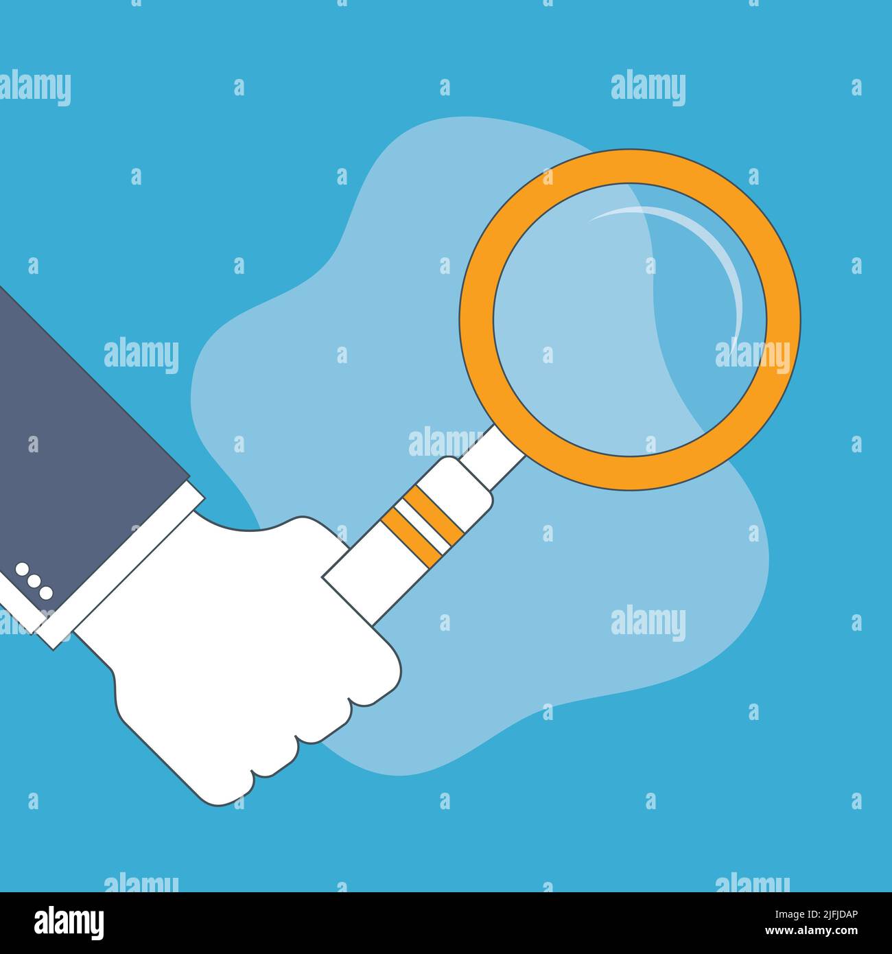 Die Hand eines Geschäftsmanns hält eine Lupe. Vektor-Design in dünner Linie. Stock Vektor